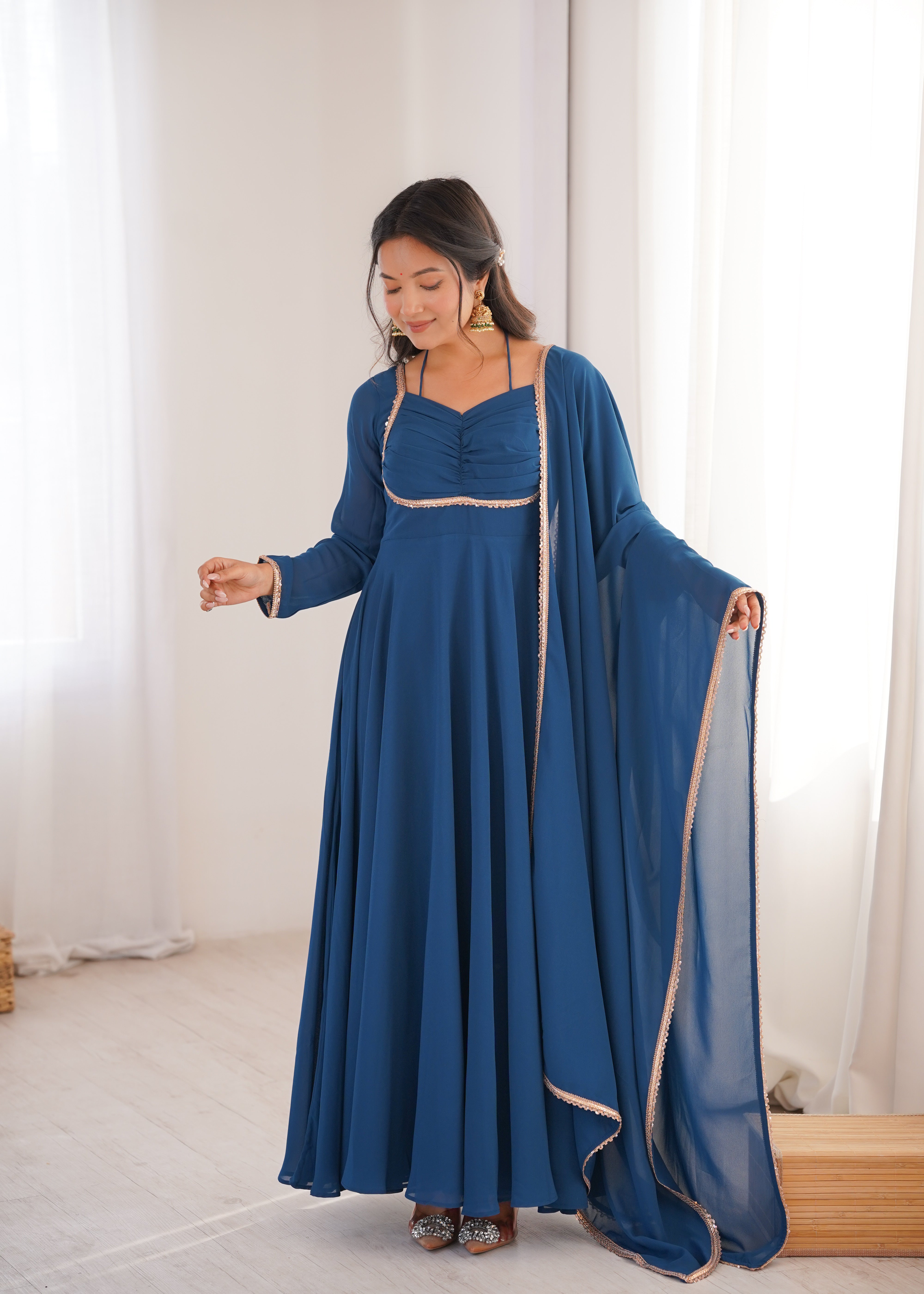 Women's Pure Fox Blooming Georgette Anarkali Gown with Dupatta Set