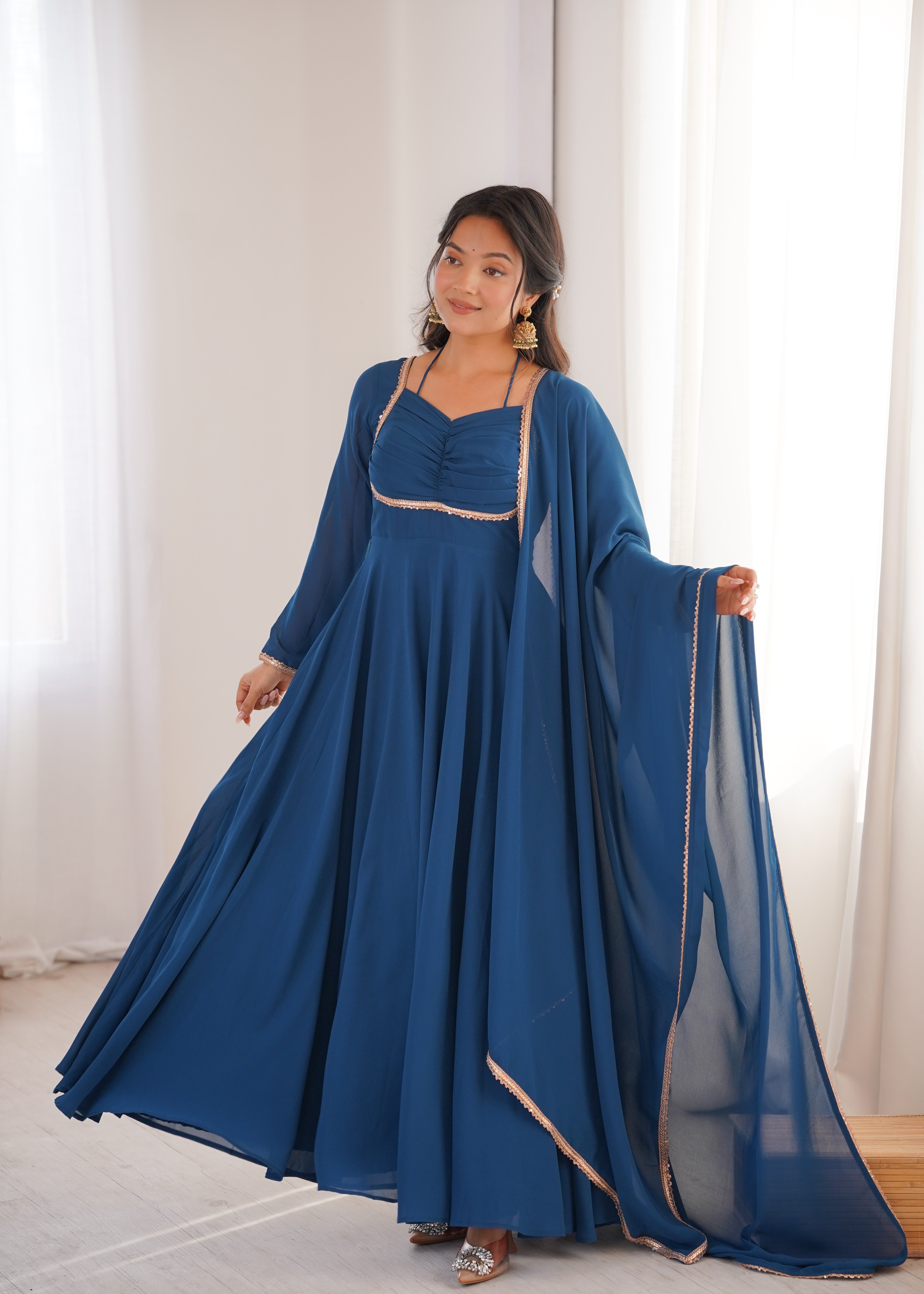 Women's Pure Fox Blooming Georgette Anarkali Gown with Dupatta Set