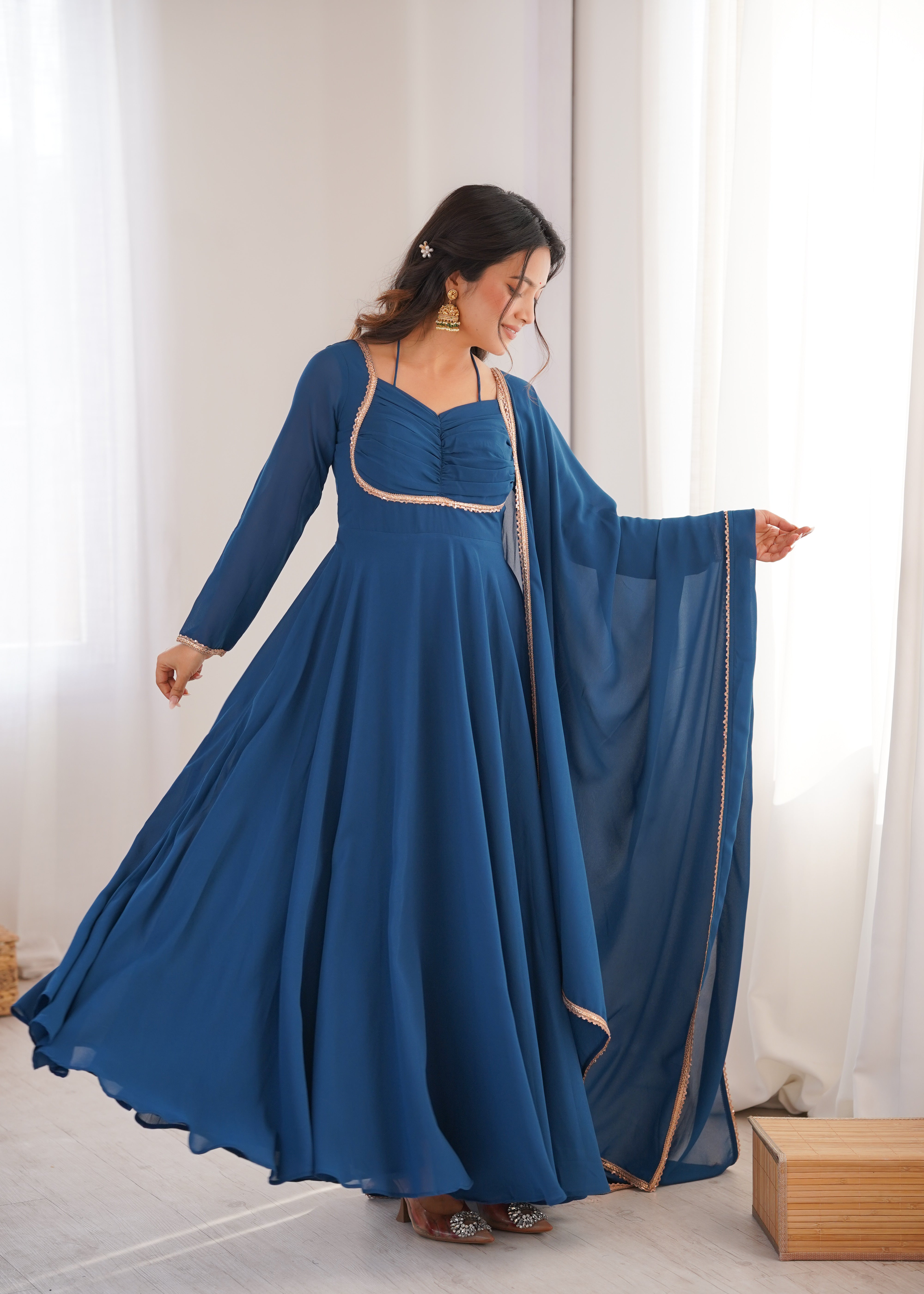Women's Pure Fox Blooming Georgette Anarkali Gown with Dupatta Set