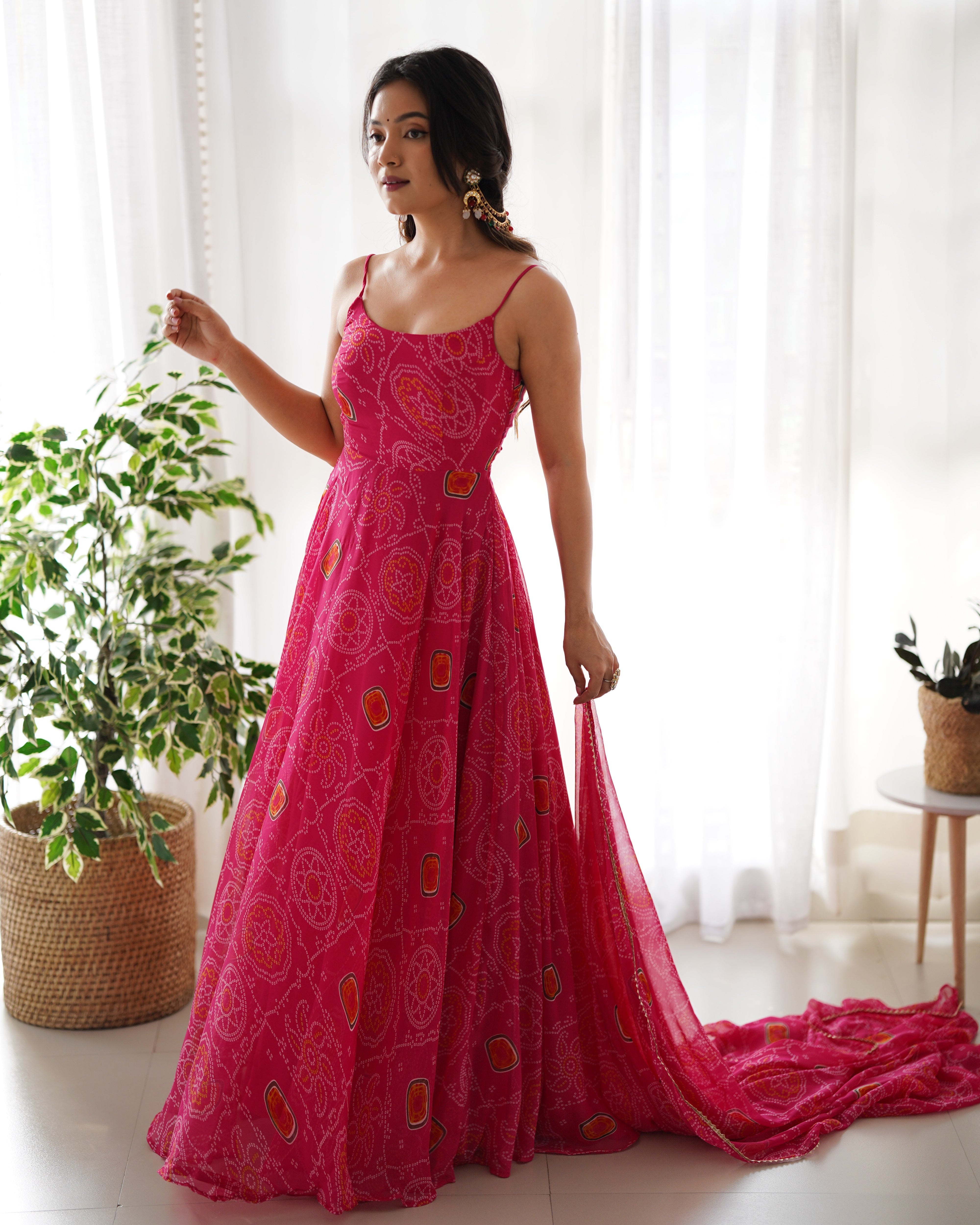 Designer Lightweight Chiffon Bandhej Anarkali Gown Set with Dupatta and Pant