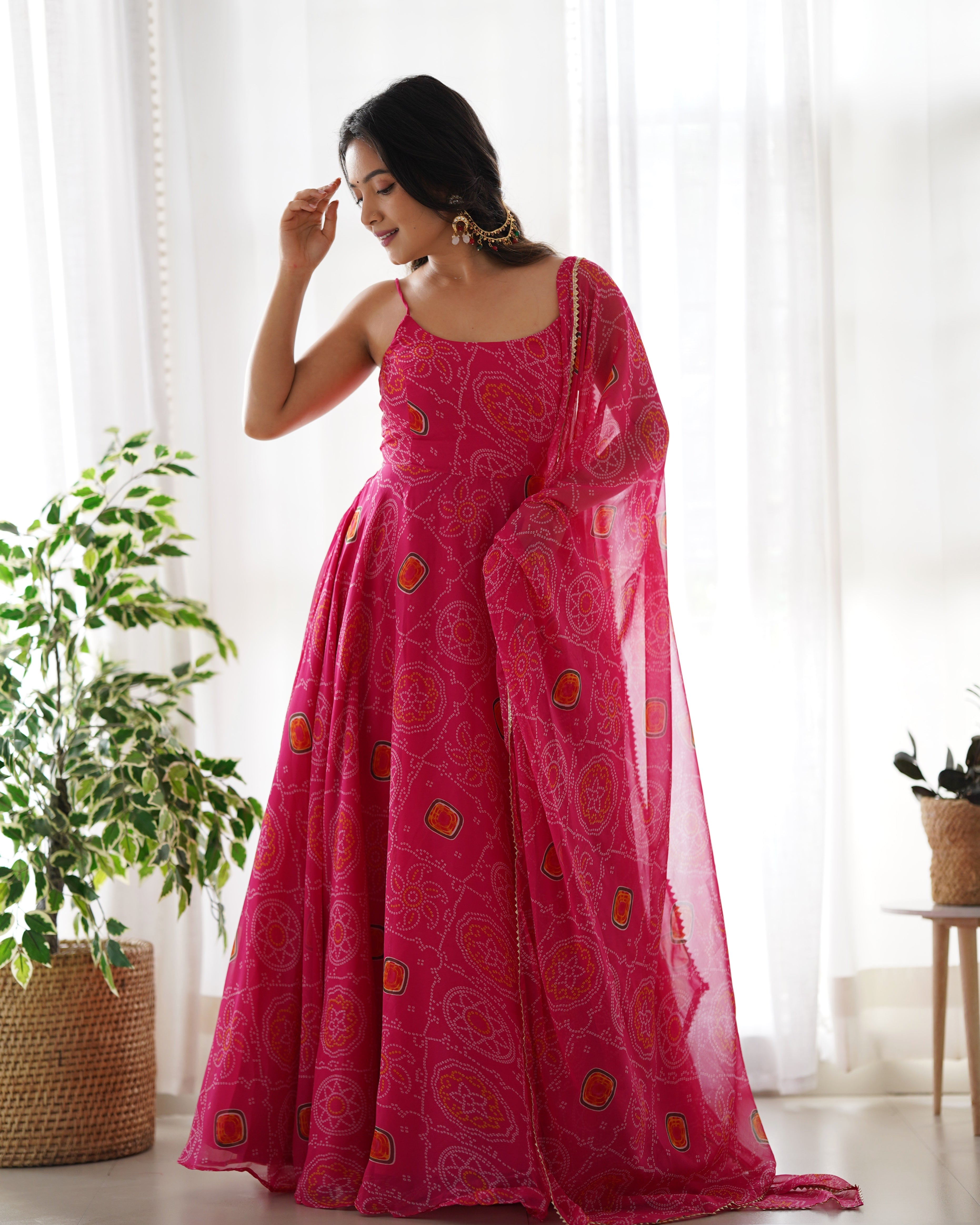 Designer Lightweight Chiffon Bandhej Anarkali Gown Set with Dupatta and Pant