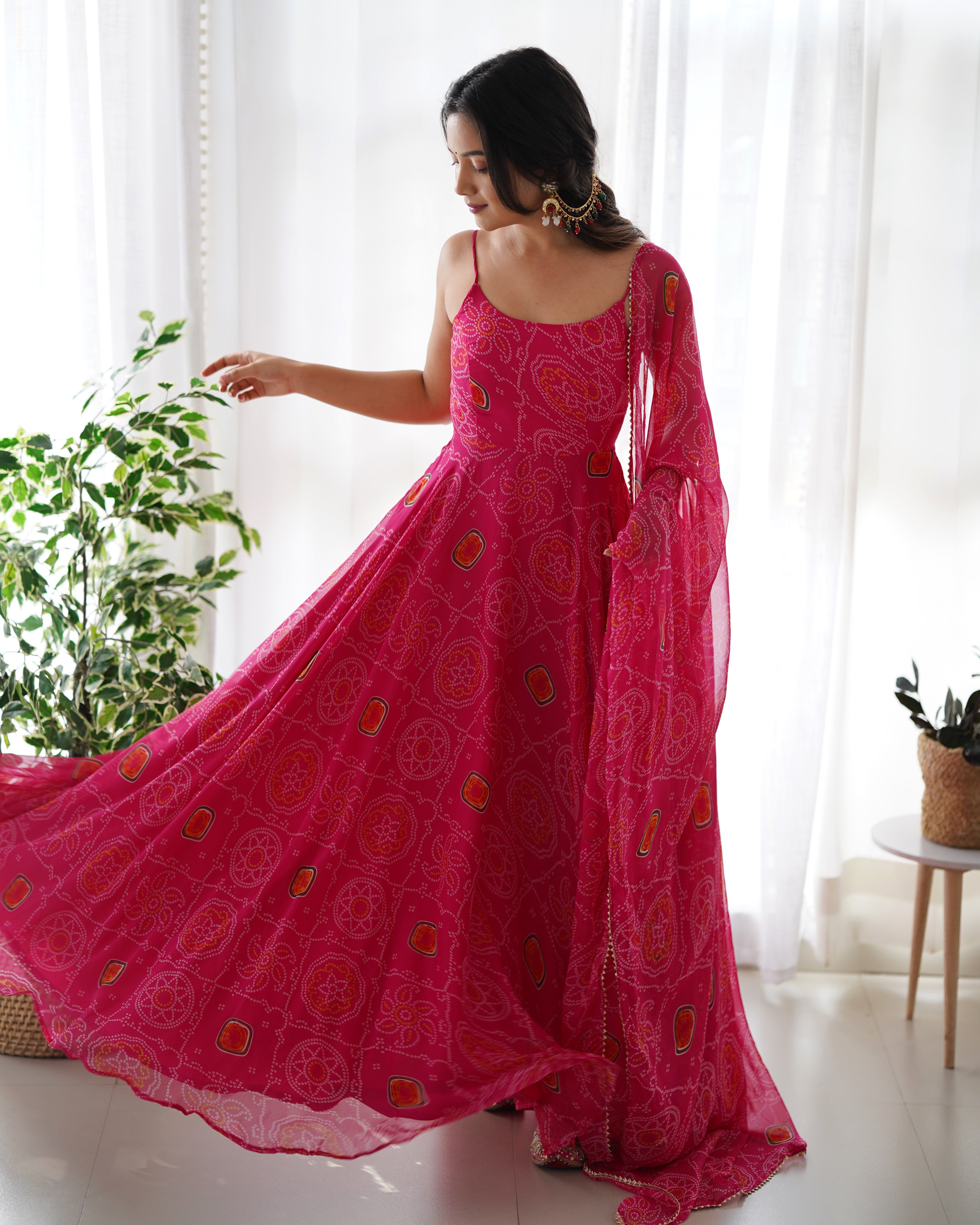 Designer Lightweight Chiffon Bandhej Anarkali Gown Set with Dupatta and Pant