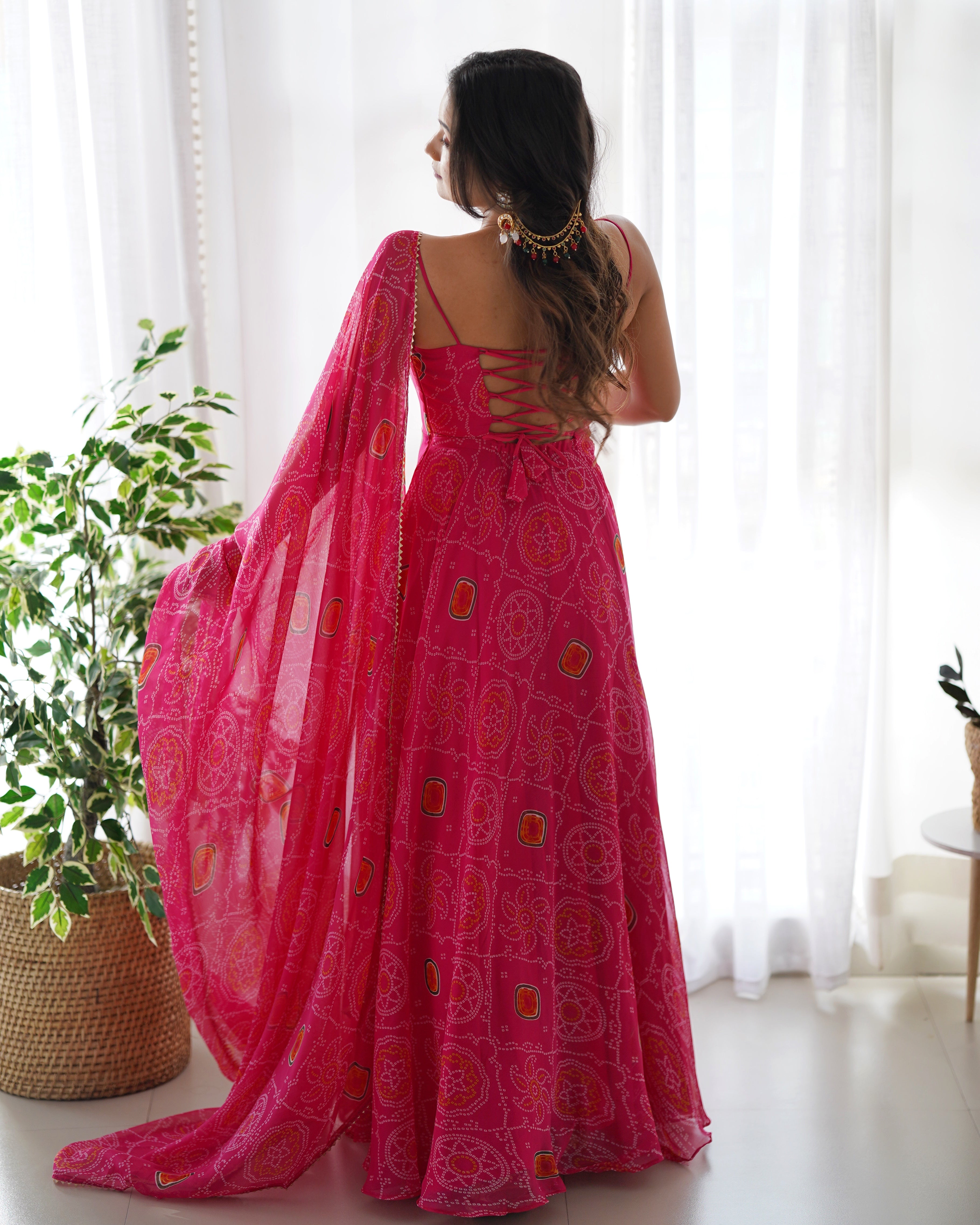 Designer Lightweight Chiffon Bandhej Anarkali Gown Set with Dupatta and Pant
