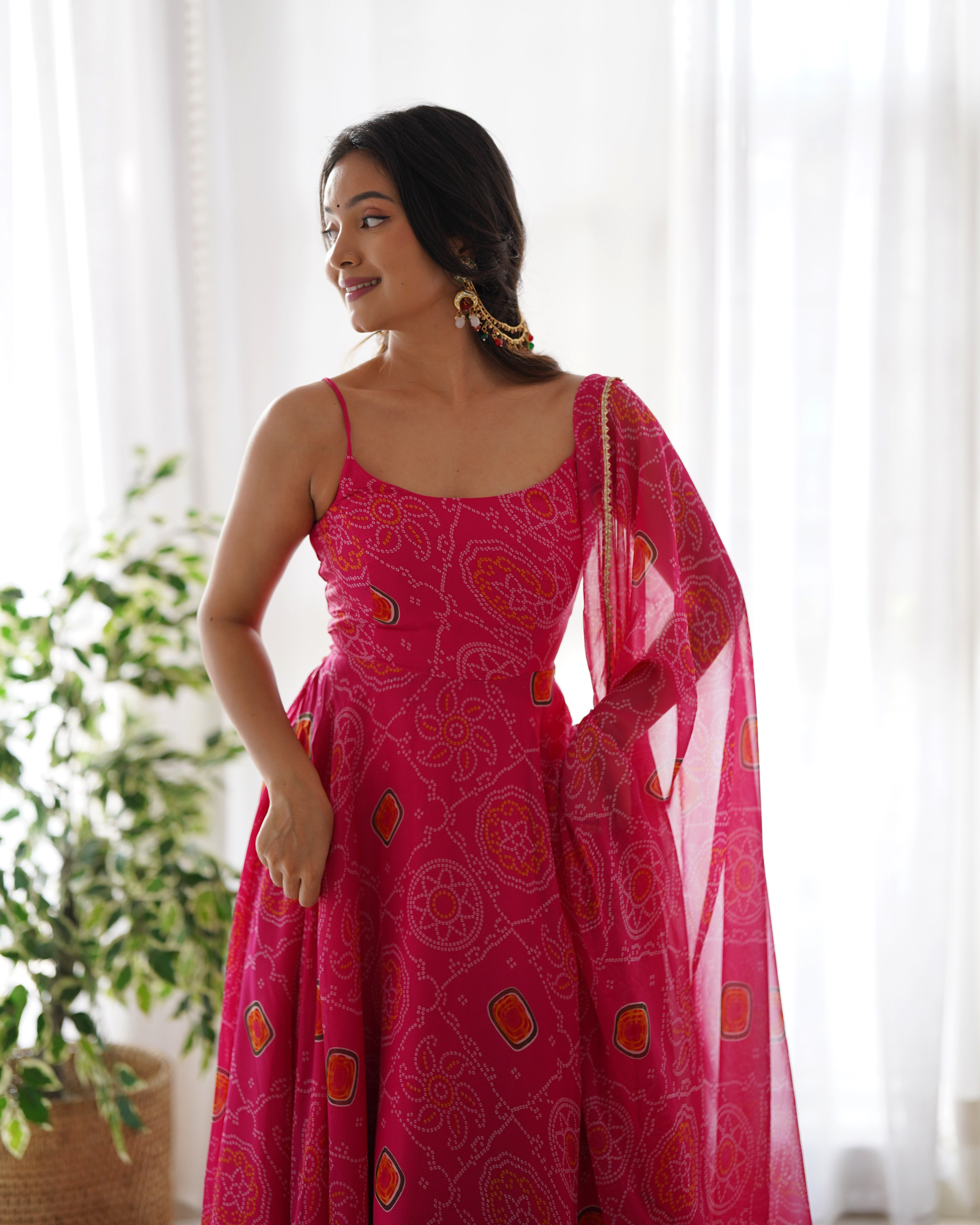 Designer Lightweight Chiffon Bandhej Anarkali Gown Set with Dupatta and Pant