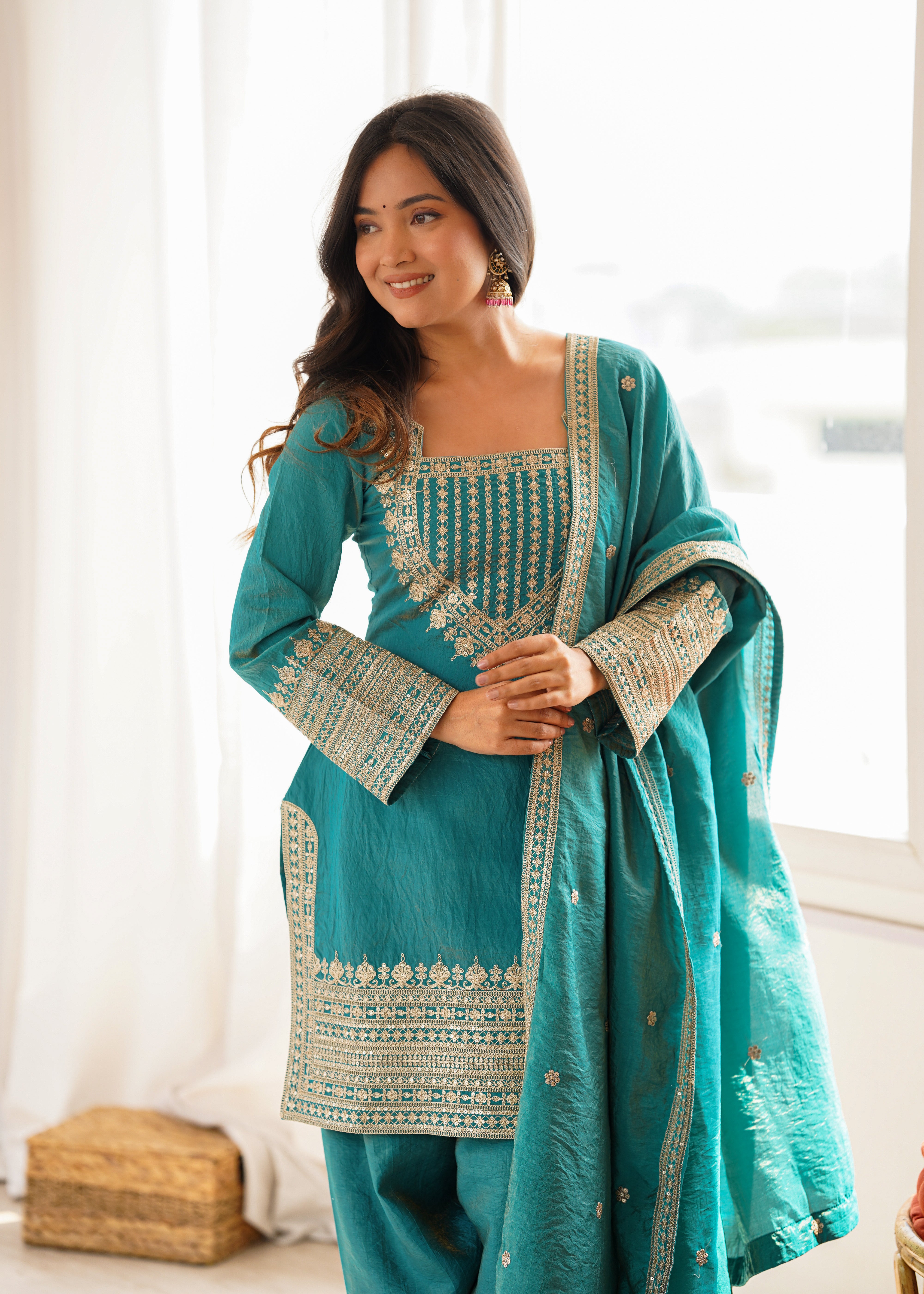 Women's NC Vichitra Silk Kurta Farshi Salwar Dupatta Set with Embroidery Sequence, Dori and Zari Work