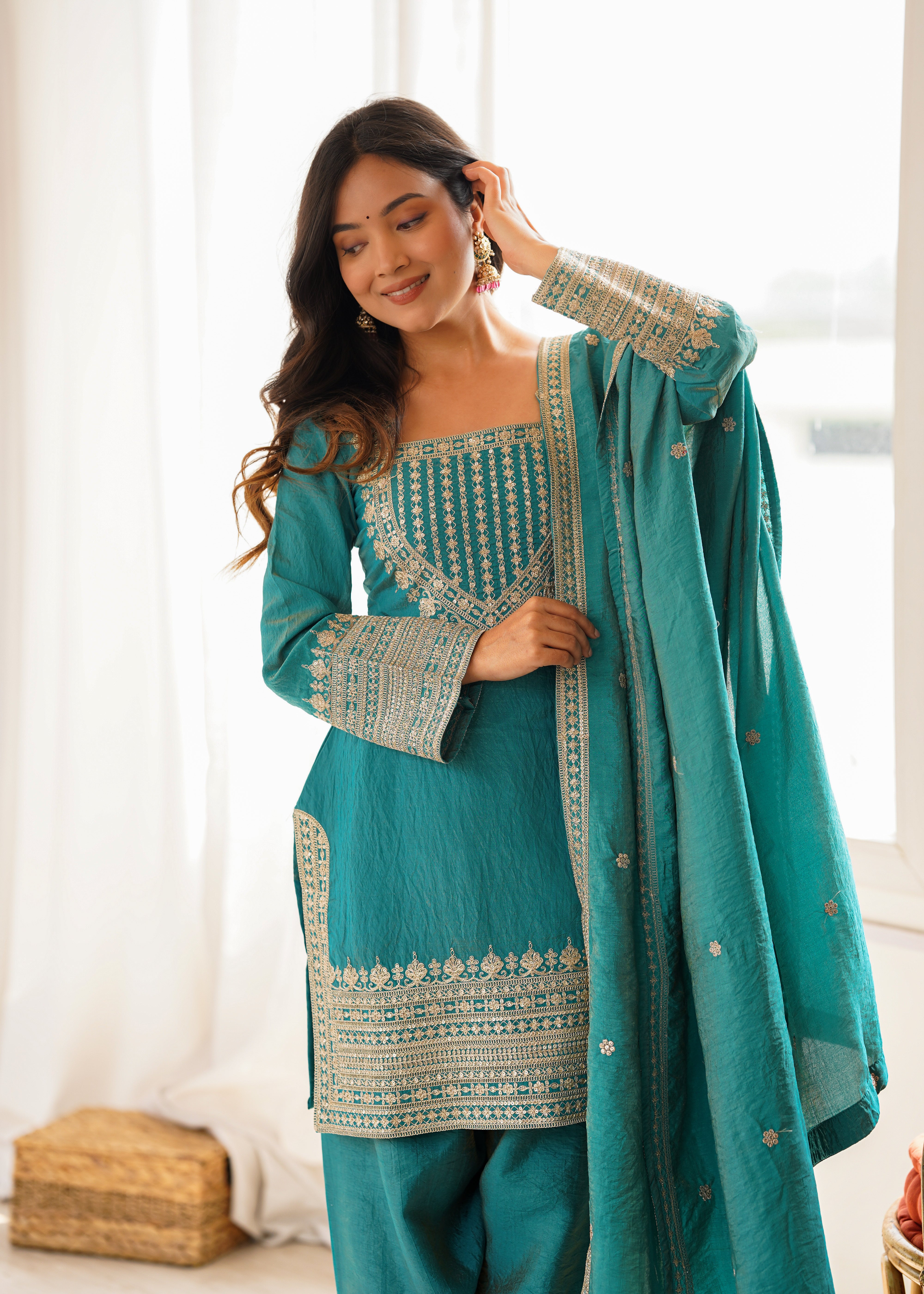 Women's NC Vichitra Silk Kurta Farshi Salwar Dupatta Set with Embroidery Sequence, Dori and Zari Work