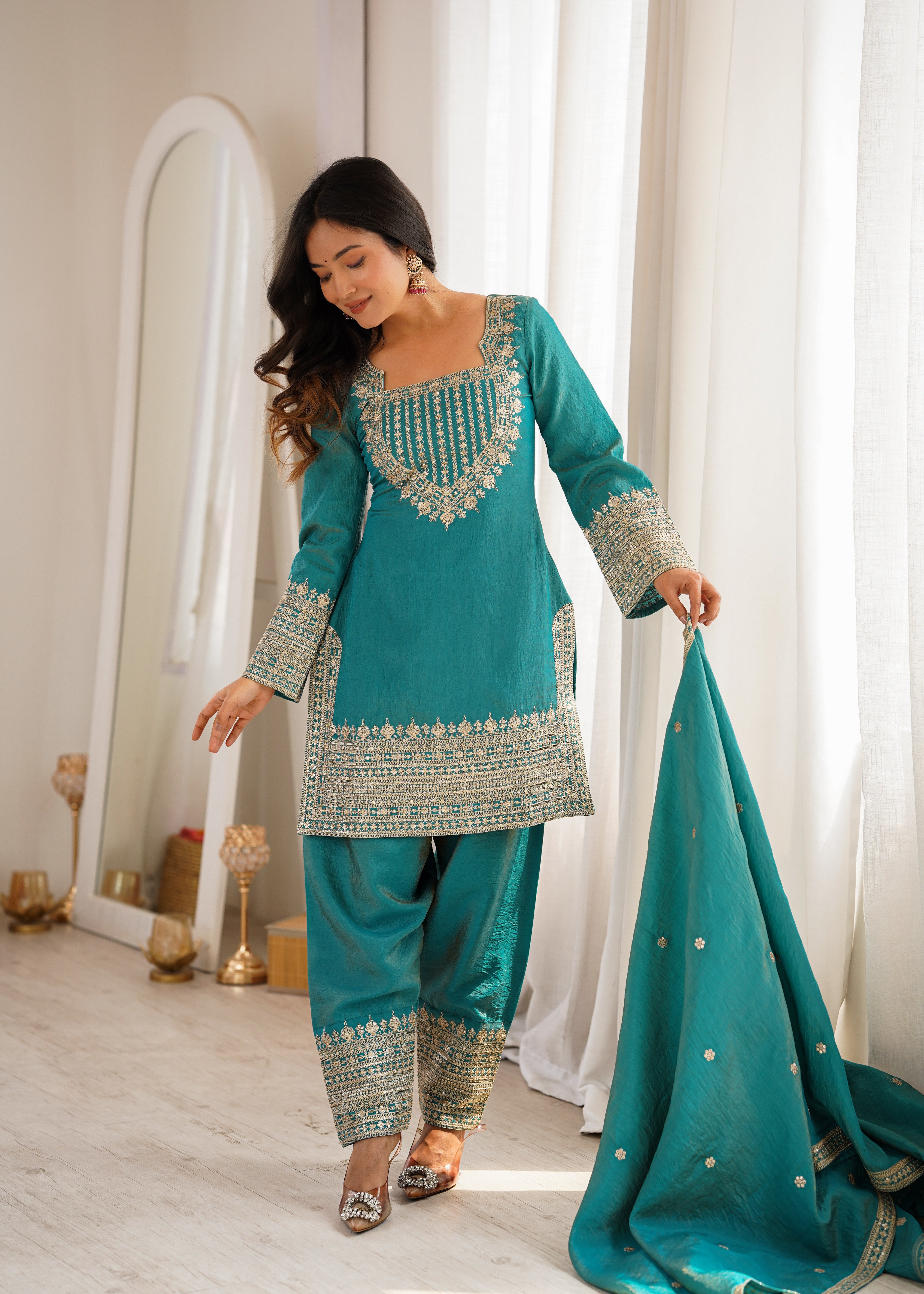 Women's NC Vichitra Silk Kurta Farshi Salwar Dupatta Set with Embroidery Sequence, Dori and Zari Work