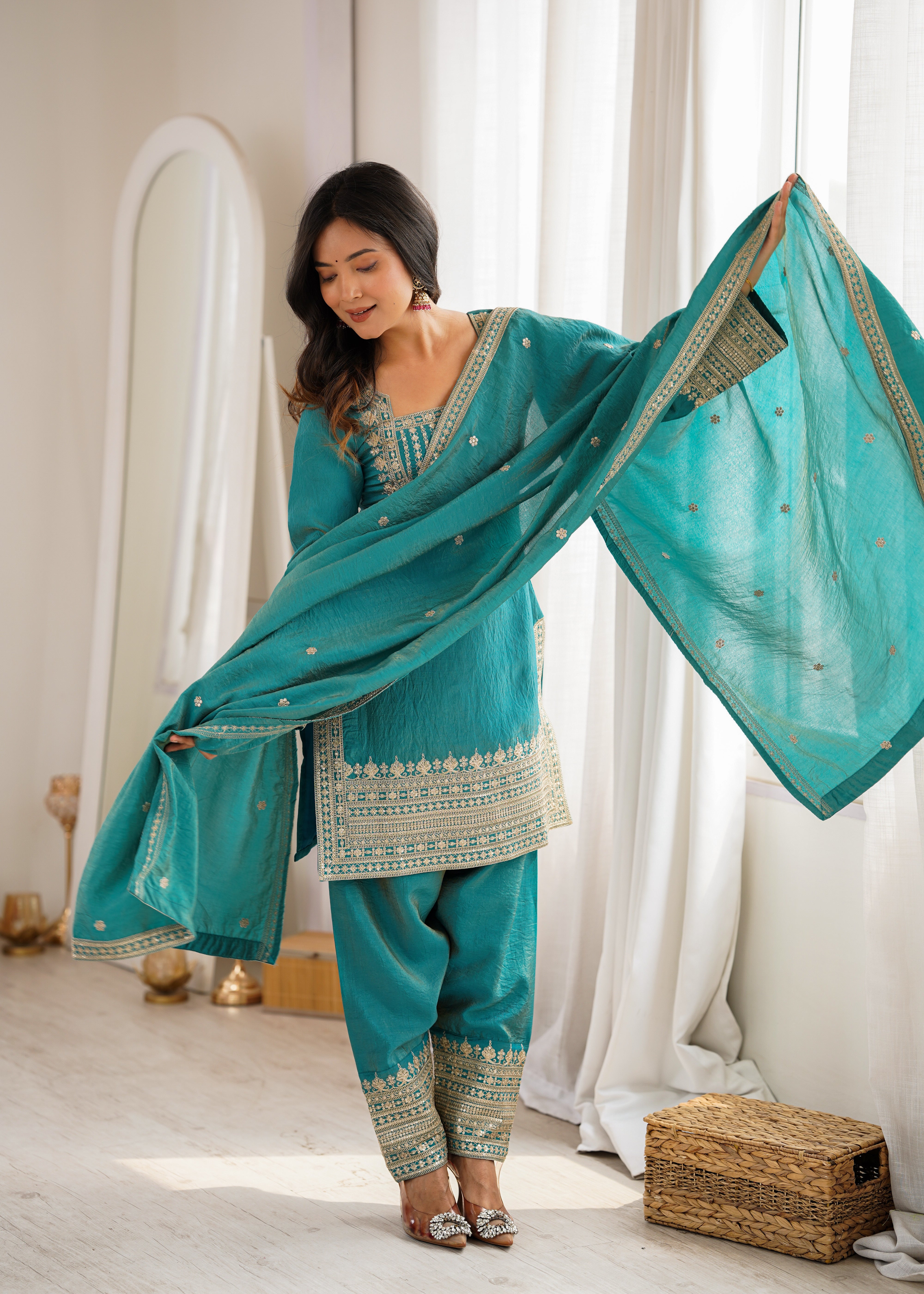 Women's NC Vichitra Silk Kurta Farshi Salwar Dupatta Set with Embroidery Sequence, Dori and Zari Work