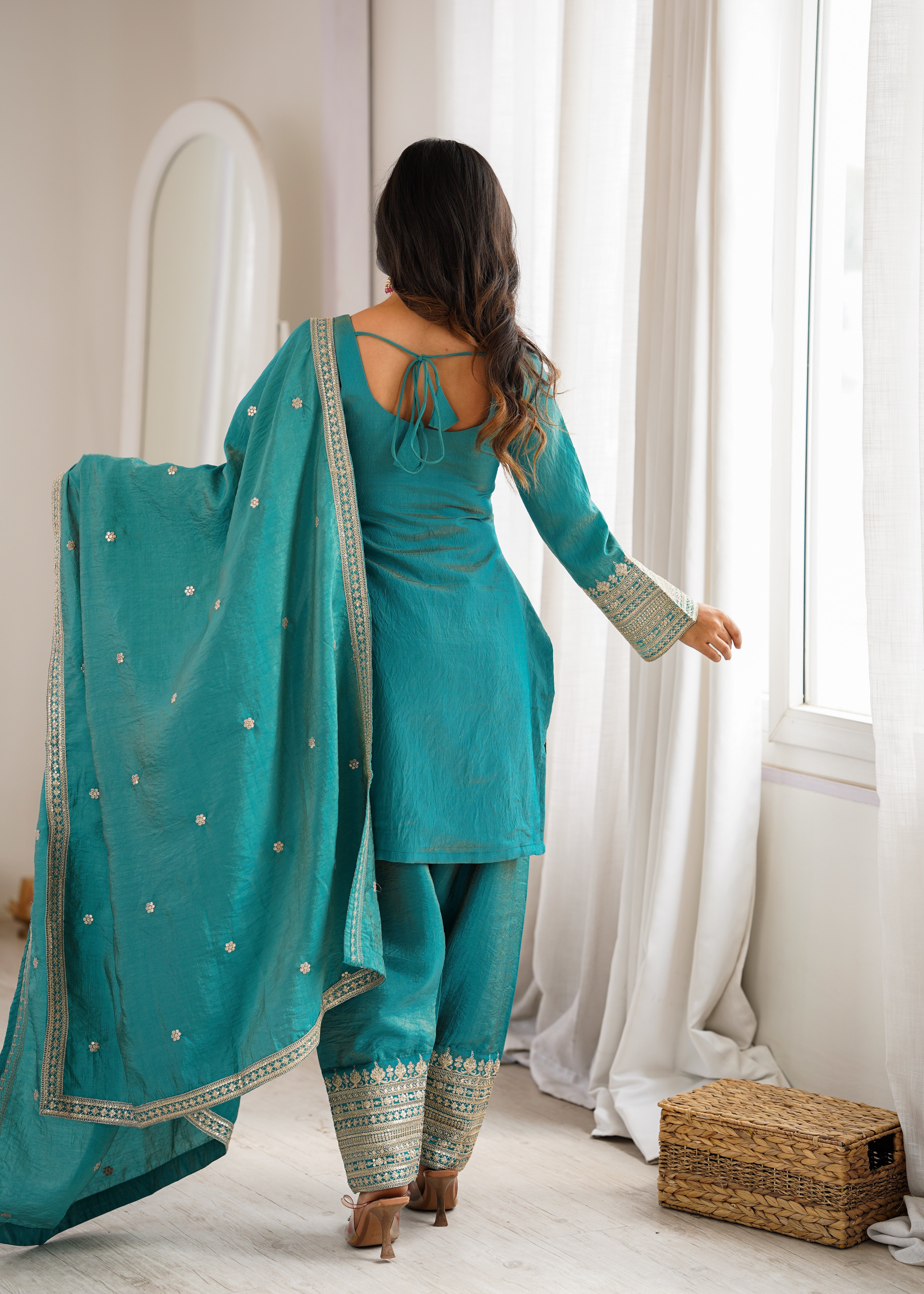 Women's NC Vichitra Silk Kurta Farshi Salwar Dupatta Set with Embroidery Sequence, Dori and Zari Work