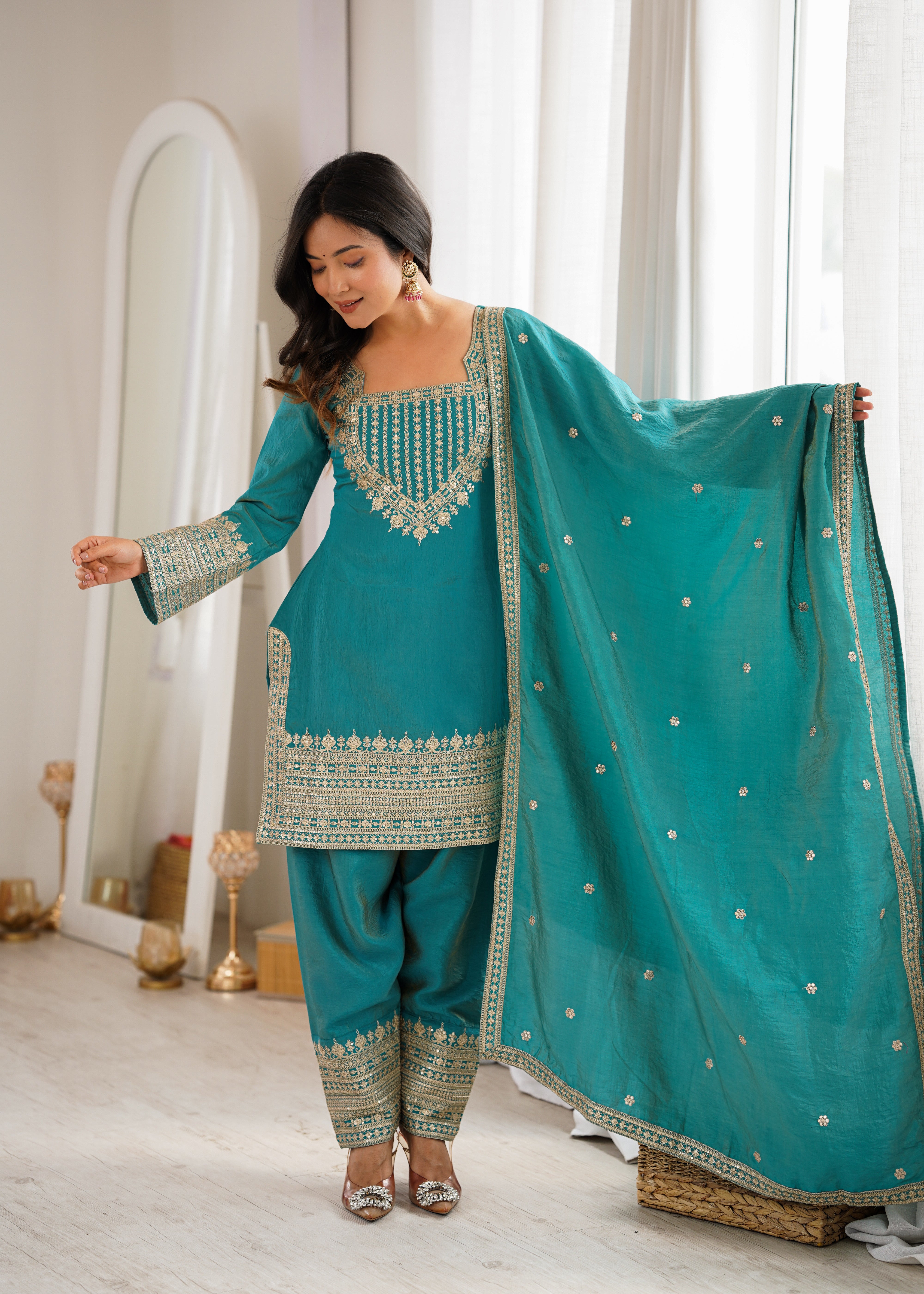 Women's NC Vichitra Silk Kurta Farshi Salwar Dupatta Set with Embroidery Sequence, Dori and Zari Work