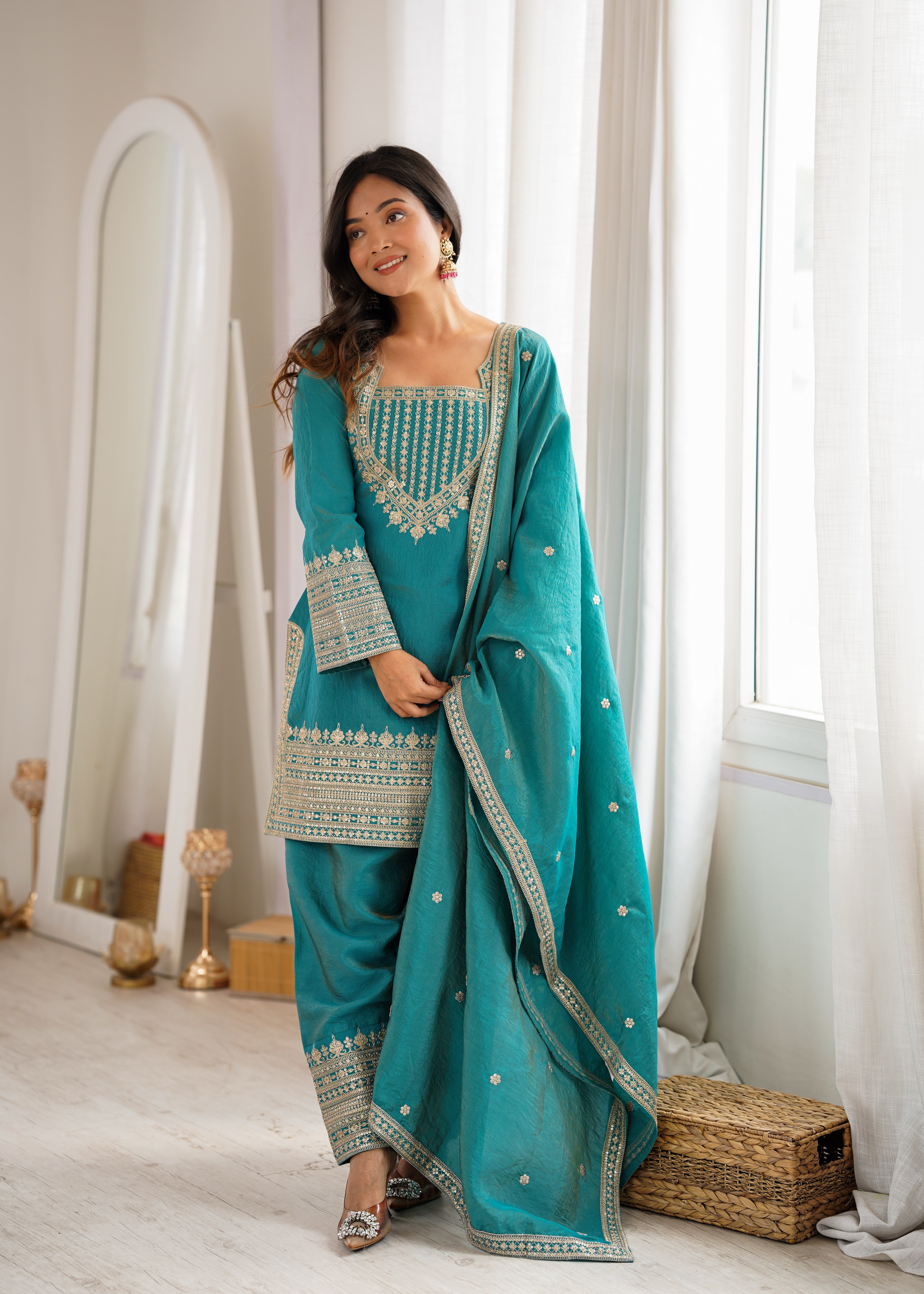 Women's NC Vichitra Silk Kurta Farshi Salwar Dupatta Set with Embroidery Sequence, Dori and Zari Work