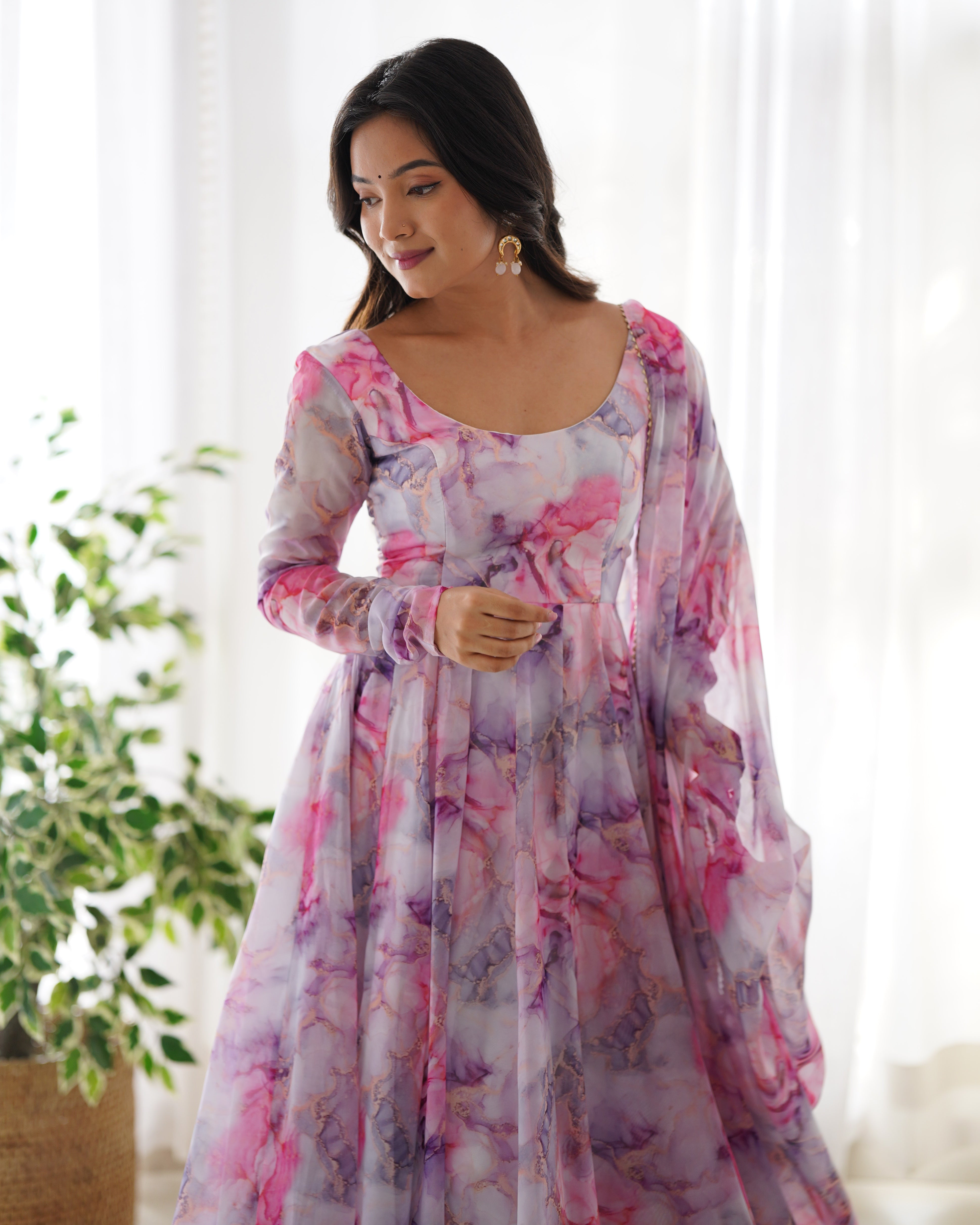 Women's Soft Organza Silk Printed Anarkali Pant Dupatta Set with Kali Pattern