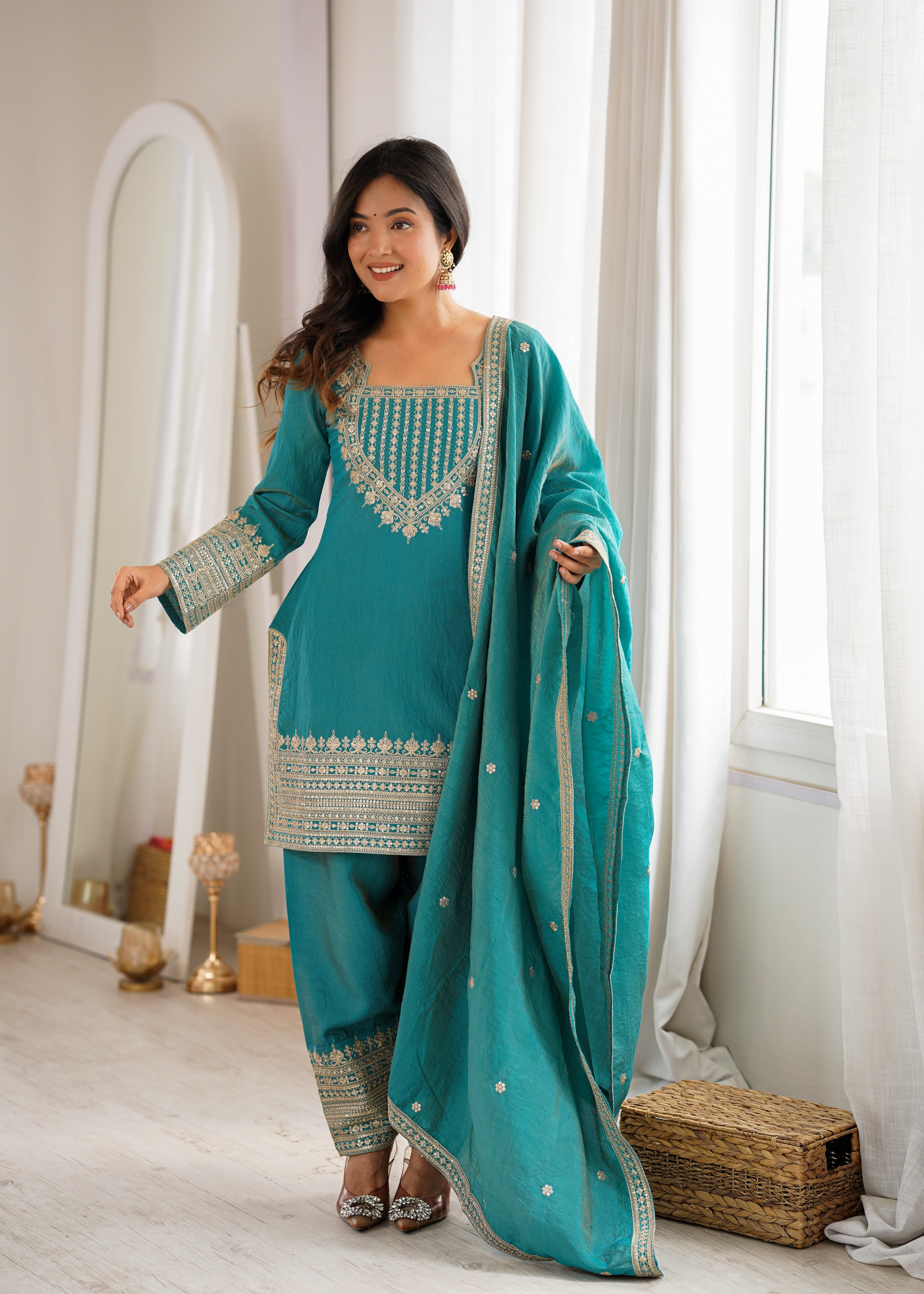 Women's NC Vichitra Silk Kurta Farshi Salwar Dupatta Set with Embroidery Sequence, Dori and Zari Work