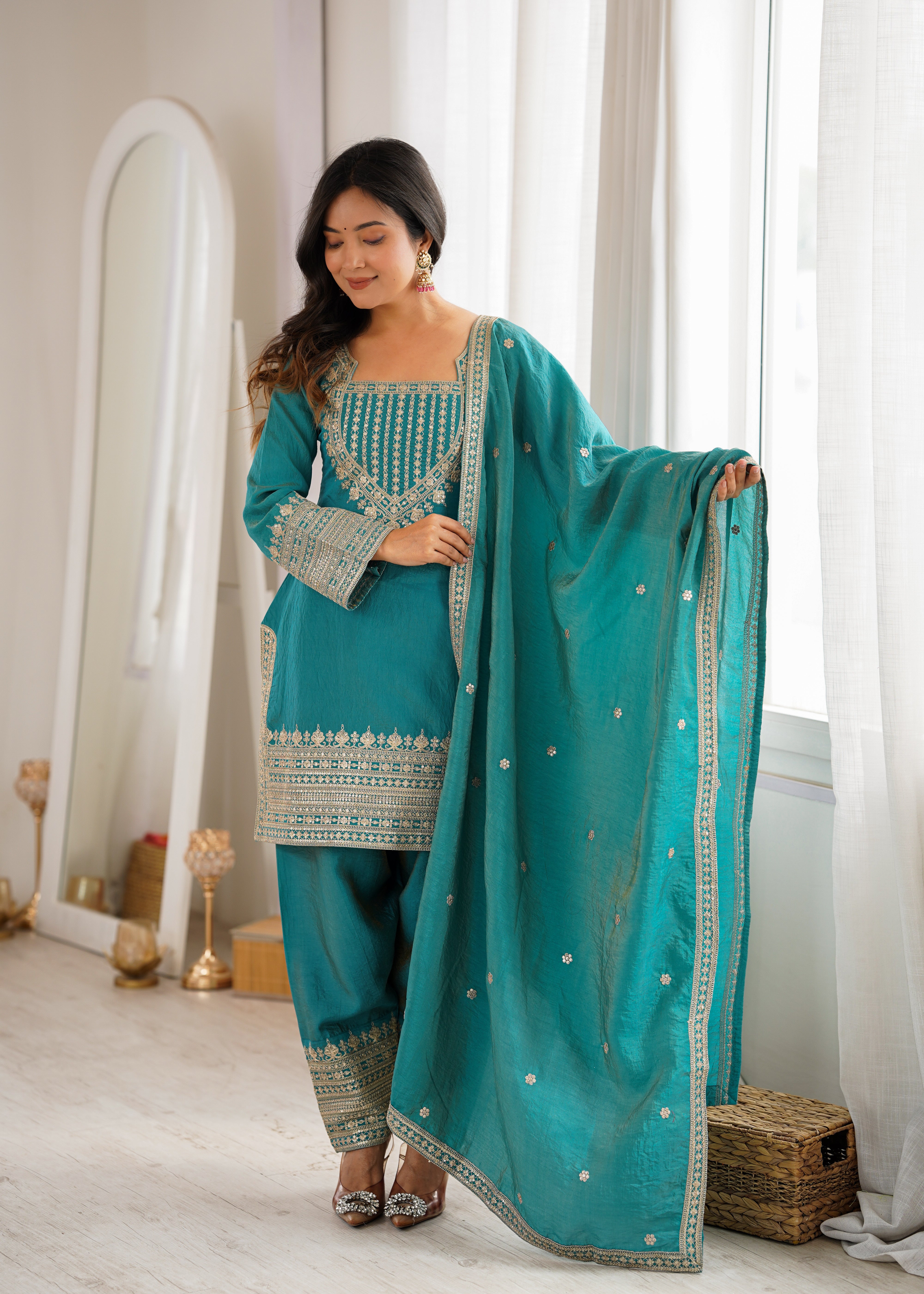 Women's NC Vichitra Silk Kurta Farshi Salwar Dupatta Set with Embroidery Sequence, Dori and Zari Work