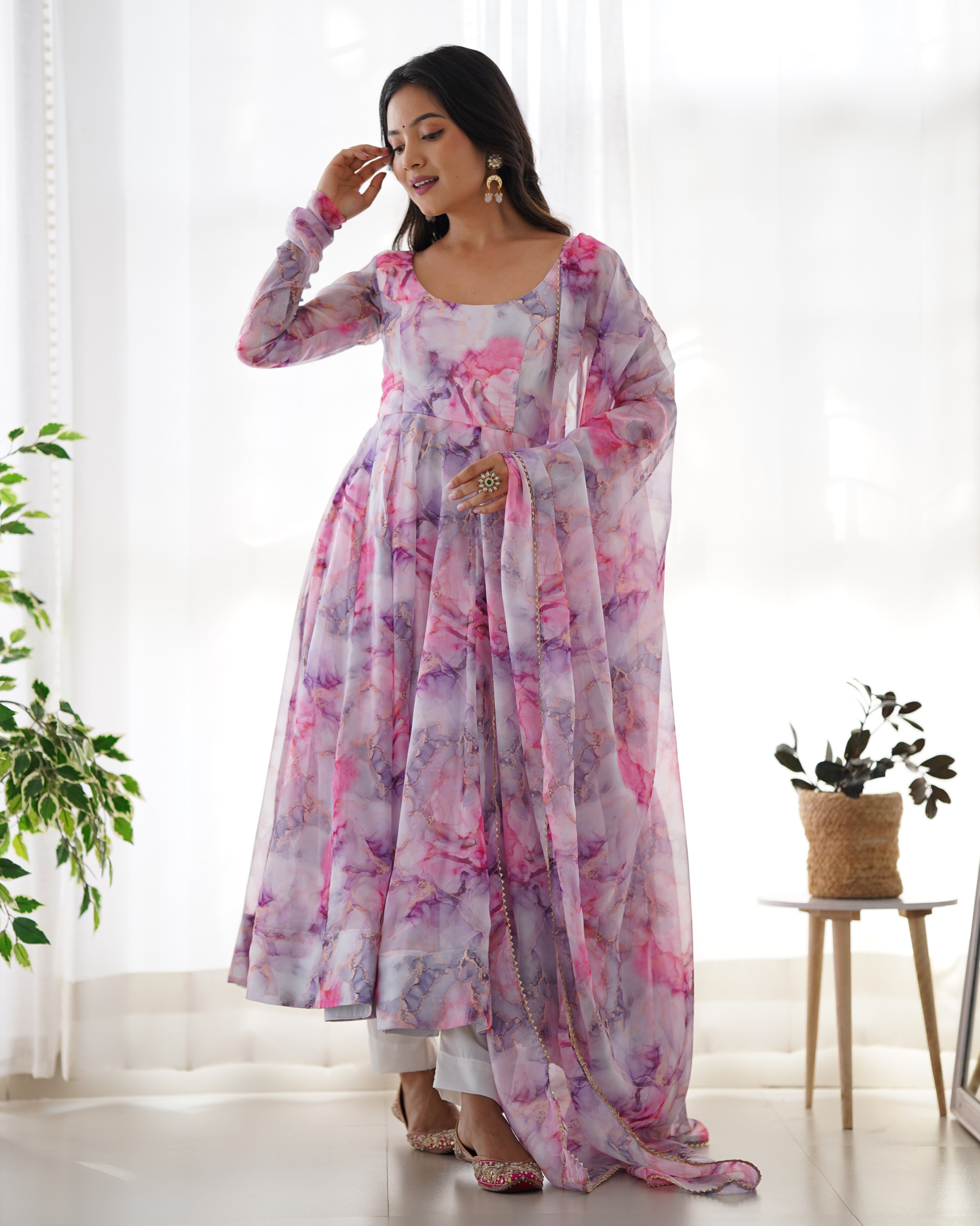Women's Soft Organza Silk Printed Anarkali Pant Dupatta Set with Kali Pattern