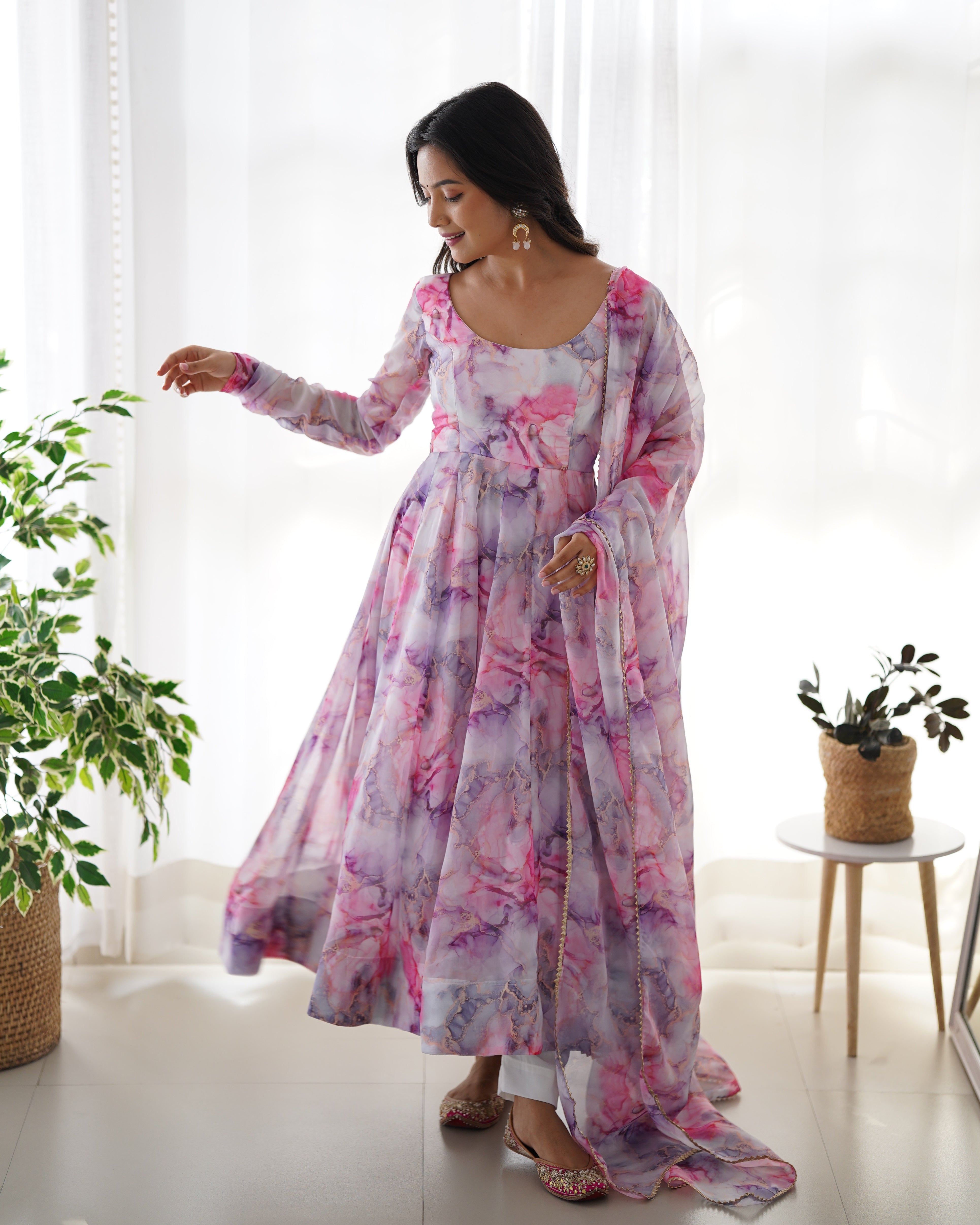 Women's Soft Organza Silk Printed Anarkali Pant Dupatta Set with Kali Pattern