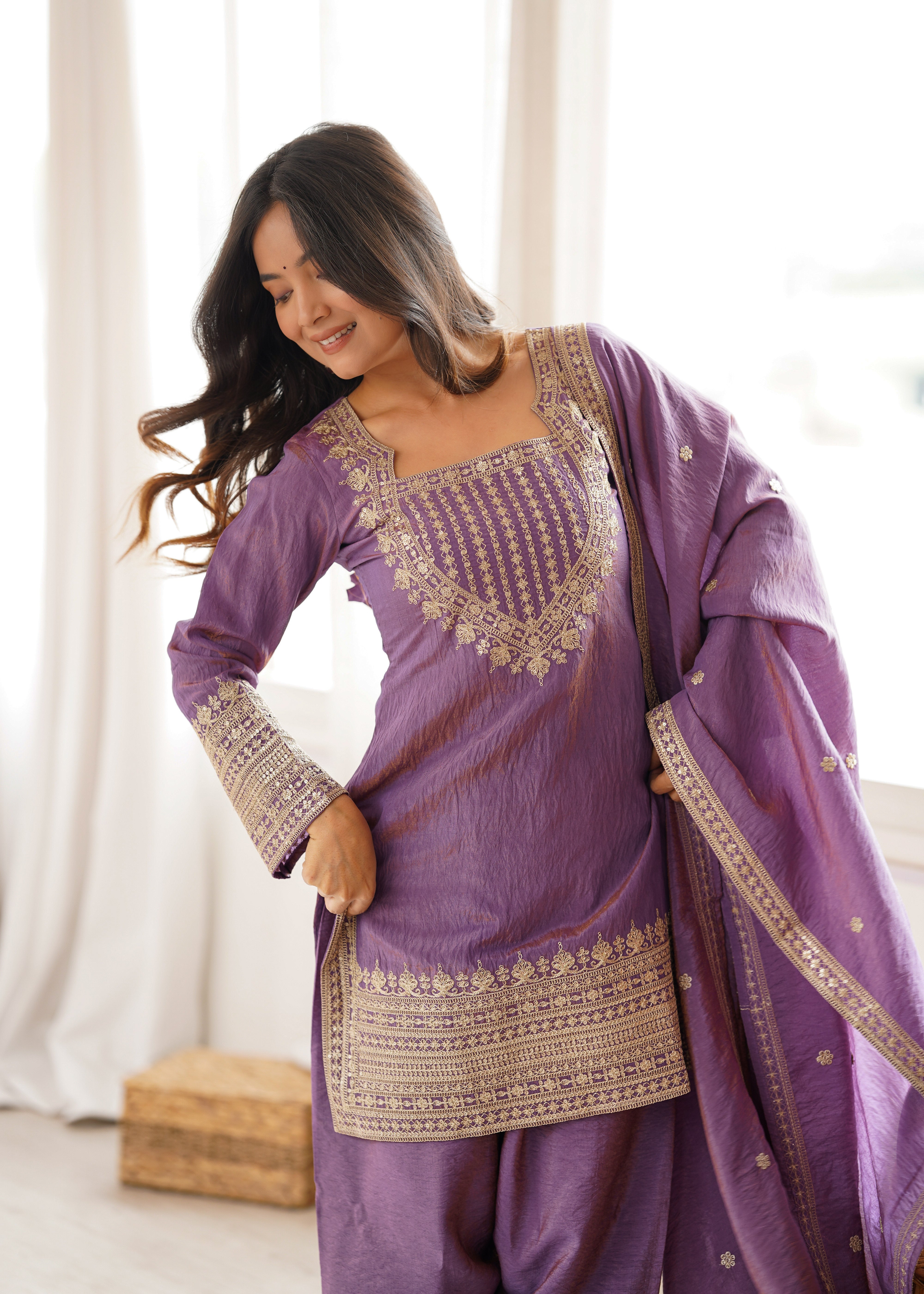 Women's NC Vichitra Silk Kurta Farshi Salwar Dupatta Set with Embroidery Sequence, Dori and Zari Work