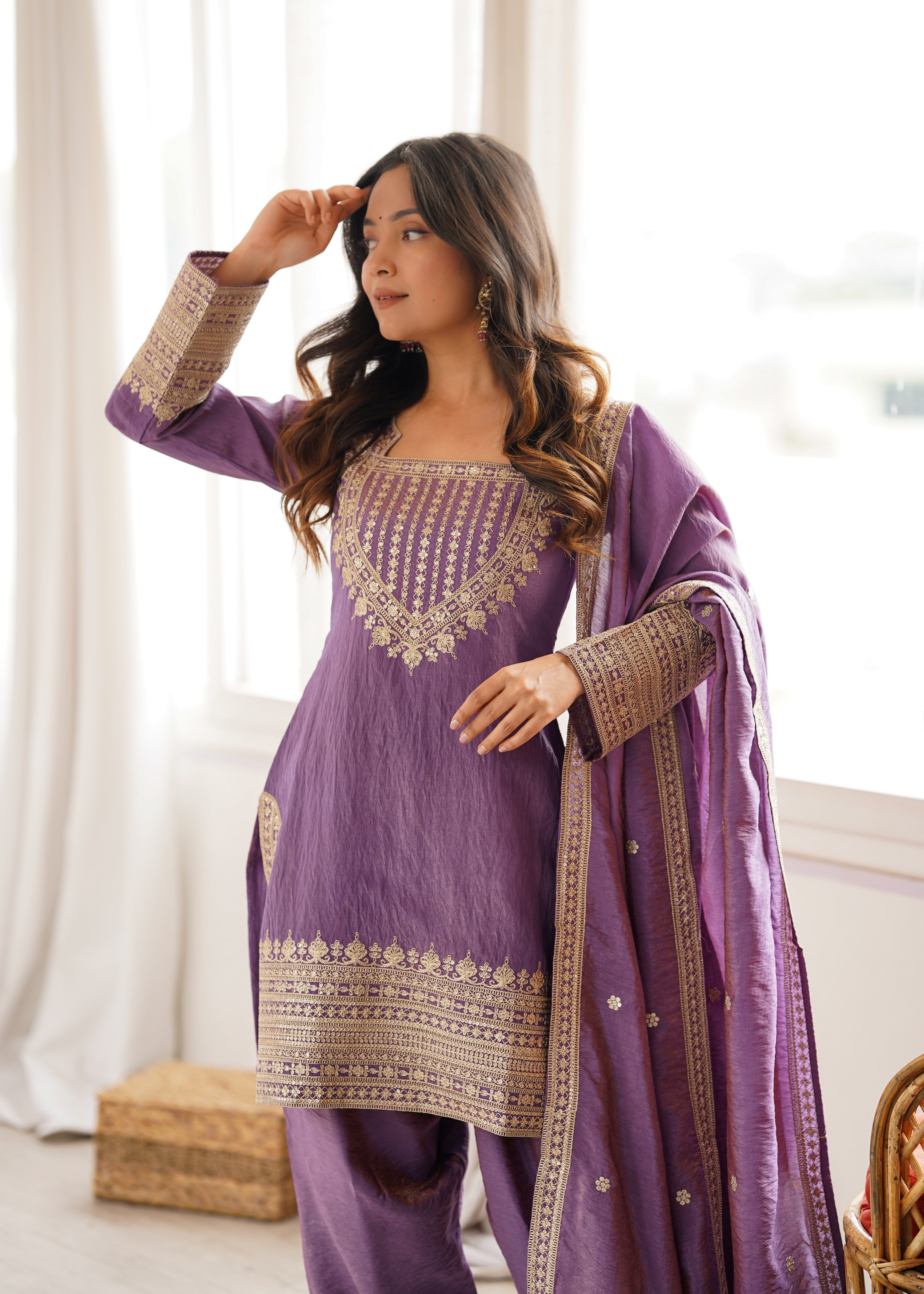Women's NC Vichitra Silk Kurta Farshi Salwar Dupatta Set with Embroidery Sequence, Dori and Zari Work