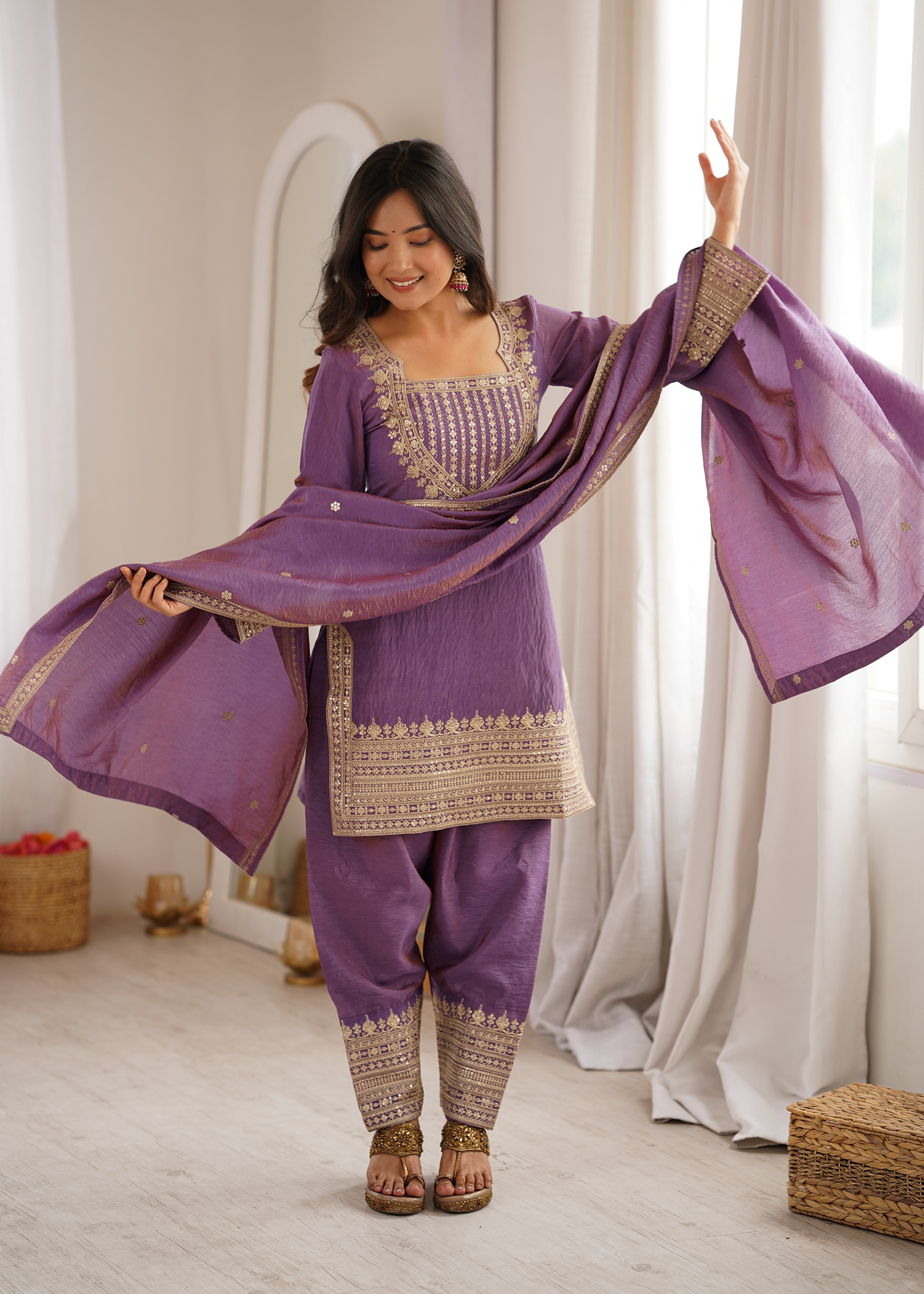 Women's NC Vichitra Silk Kurta Farshi Salwar Dupatta Set with Embroidery Sequence, Dori and Zari Work