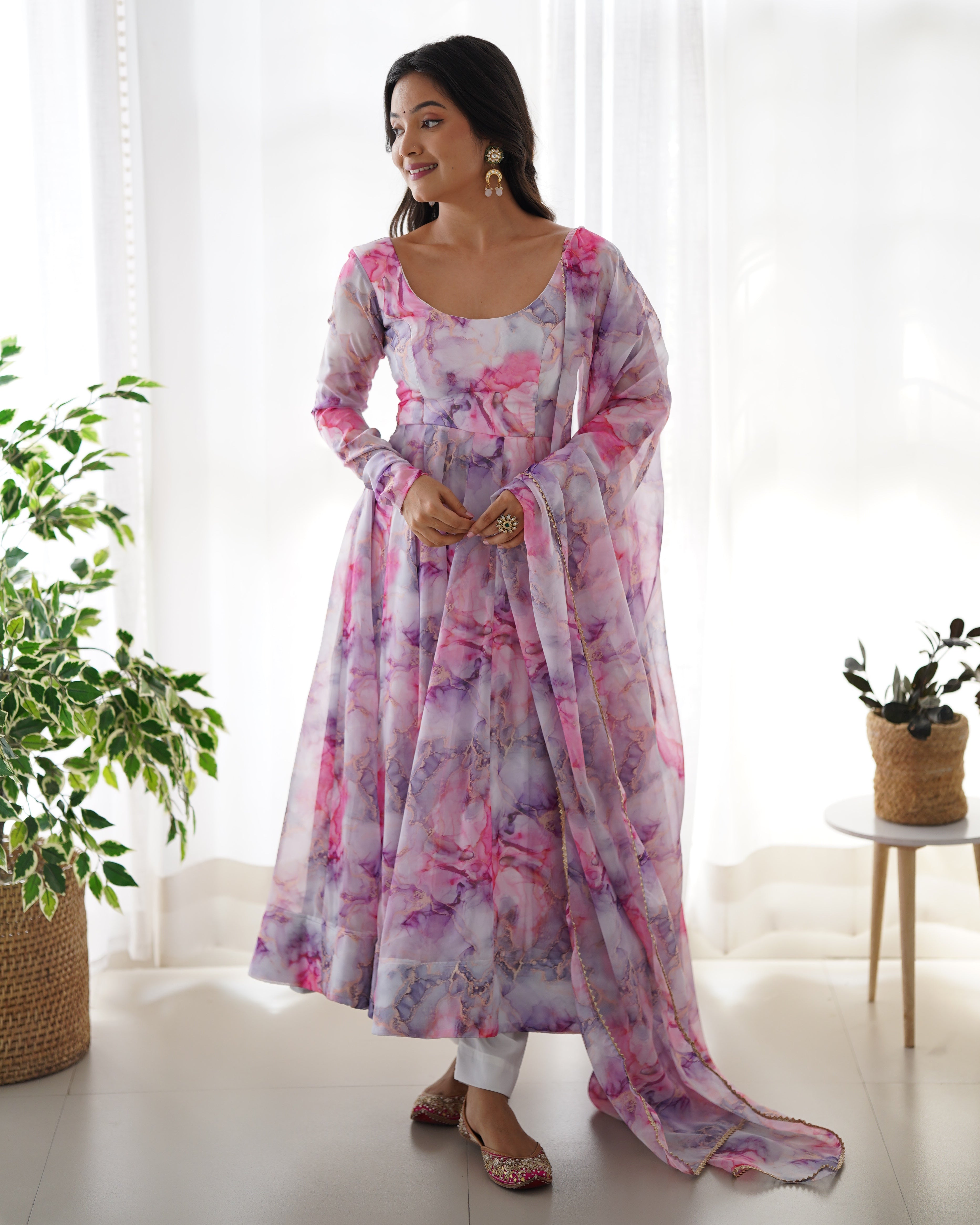 Women's Soft Organza Silk Printed Anarkali Pant Dupatta Set with Kali Pattern