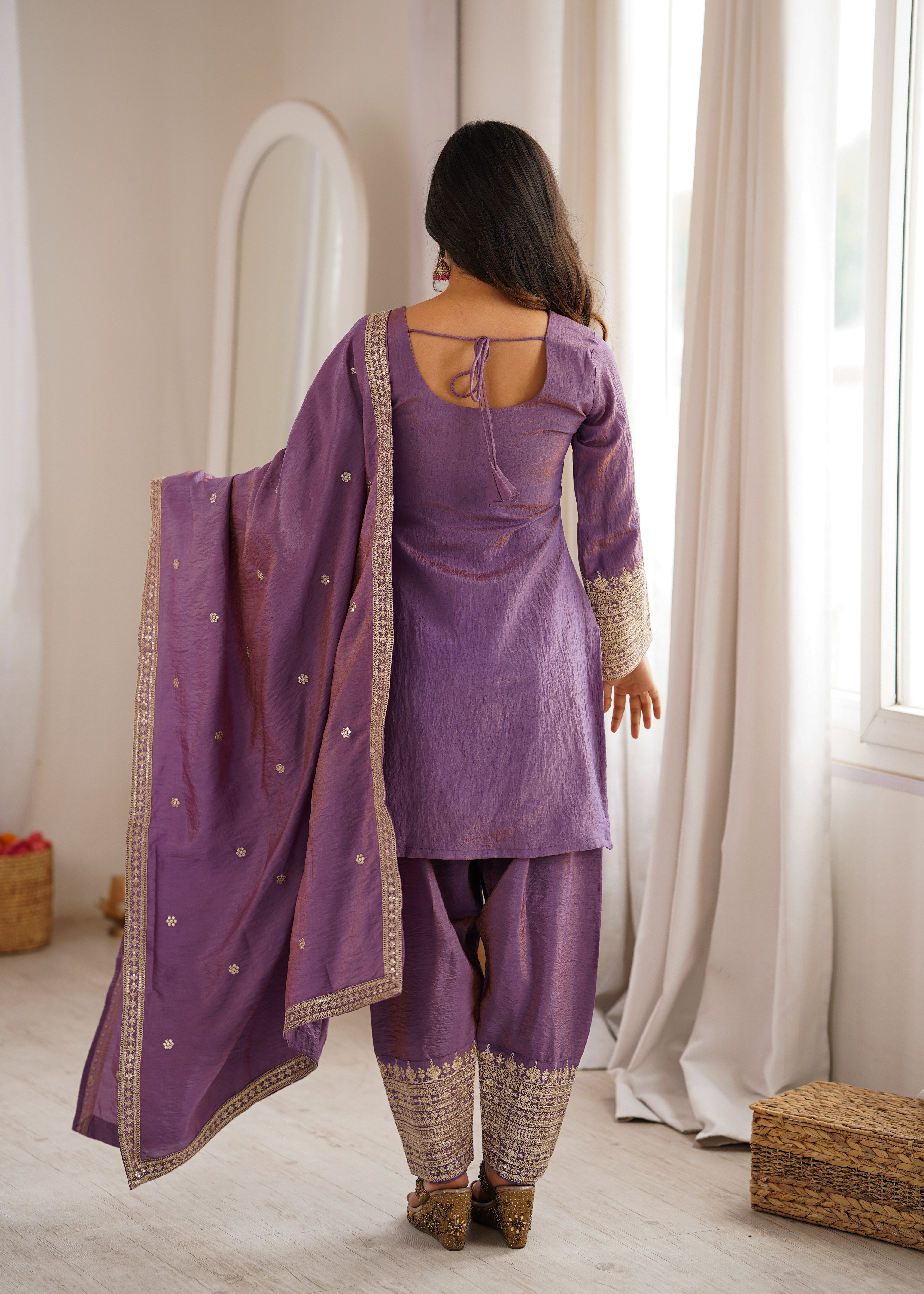 Women's NC Vichitra Silk Kurta Farshi Salwar Dupatta Set with Embroidery Sequence, Dori and Zari Work