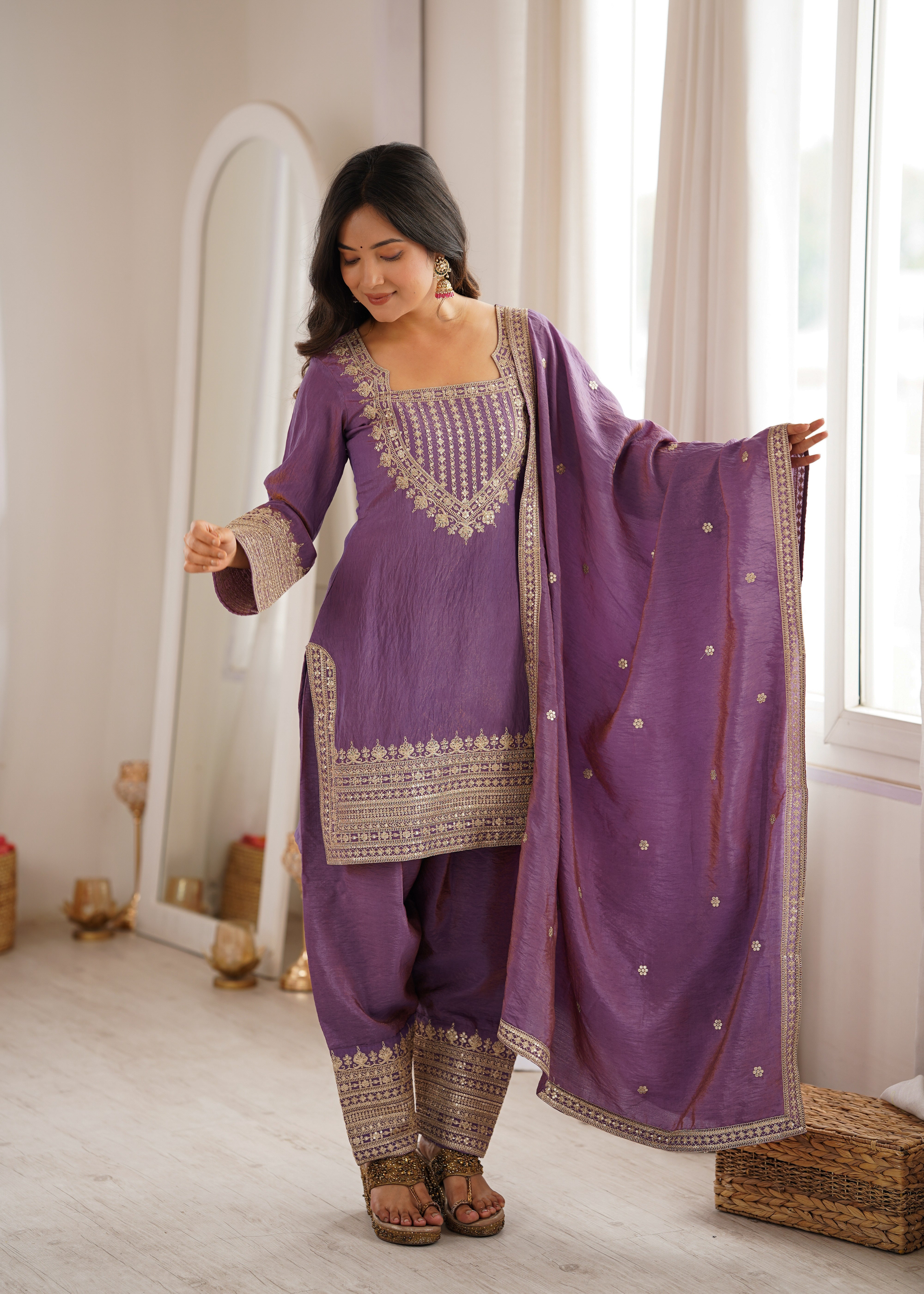 Women's NC Vichitra Silk Kurta Farshi Salwar Dupatta Set with Embroidery Sequence, Dori and Zari Work