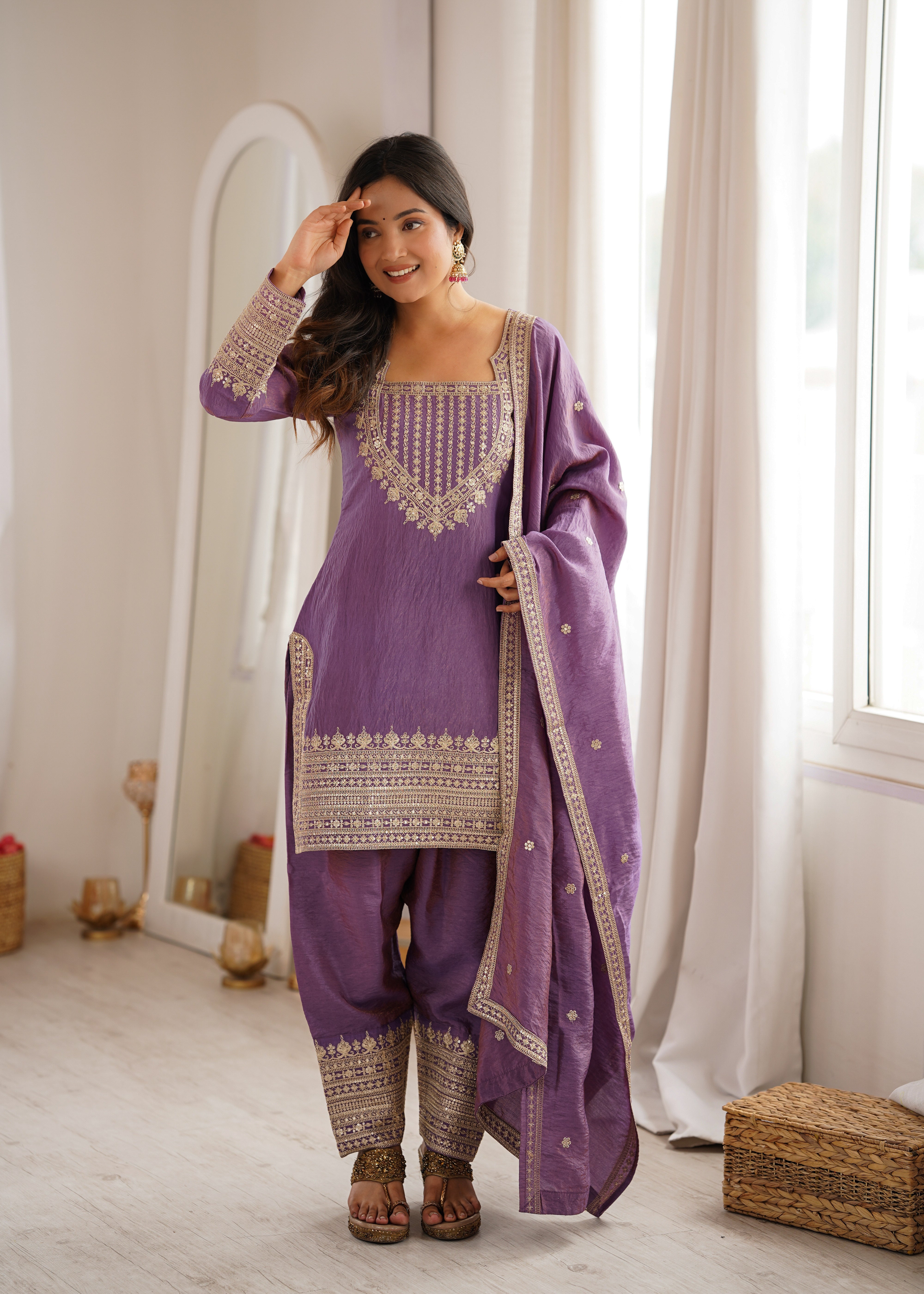 Women's NC Vichitra Silk Kurta Farshi Salwar Dupatta Set with Embroidery Sequence, Dori and Zari Work