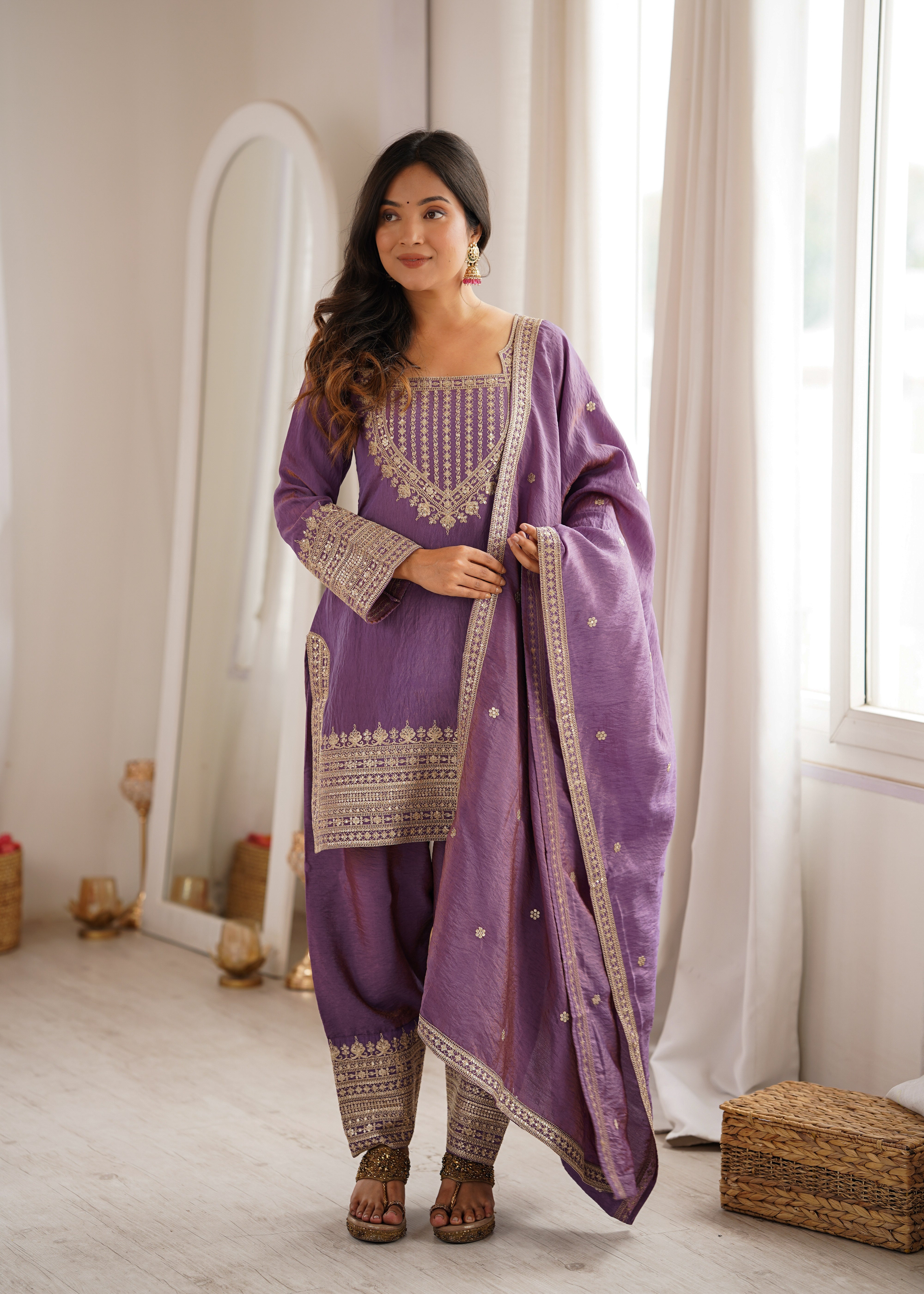 Women's NC Vichitra Silk Kurta Farshi Salwar Dupatta Set with Embroidery Sequence, Dori and Zari Work