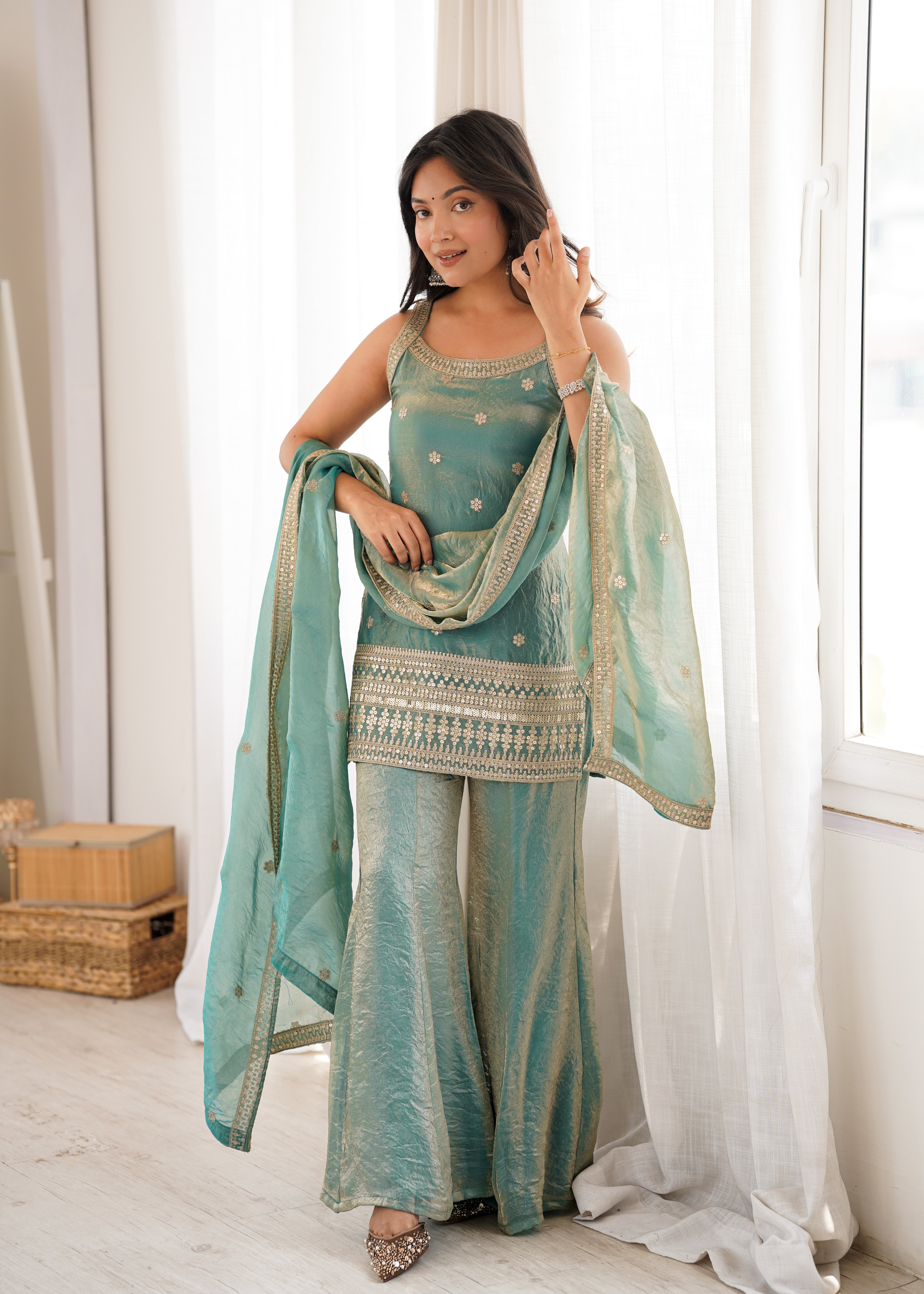 Women's Trendy Silk Kurta Bell Bottom Pant Dupatta Set with Embroidery Sequence, Dori and Zari Work