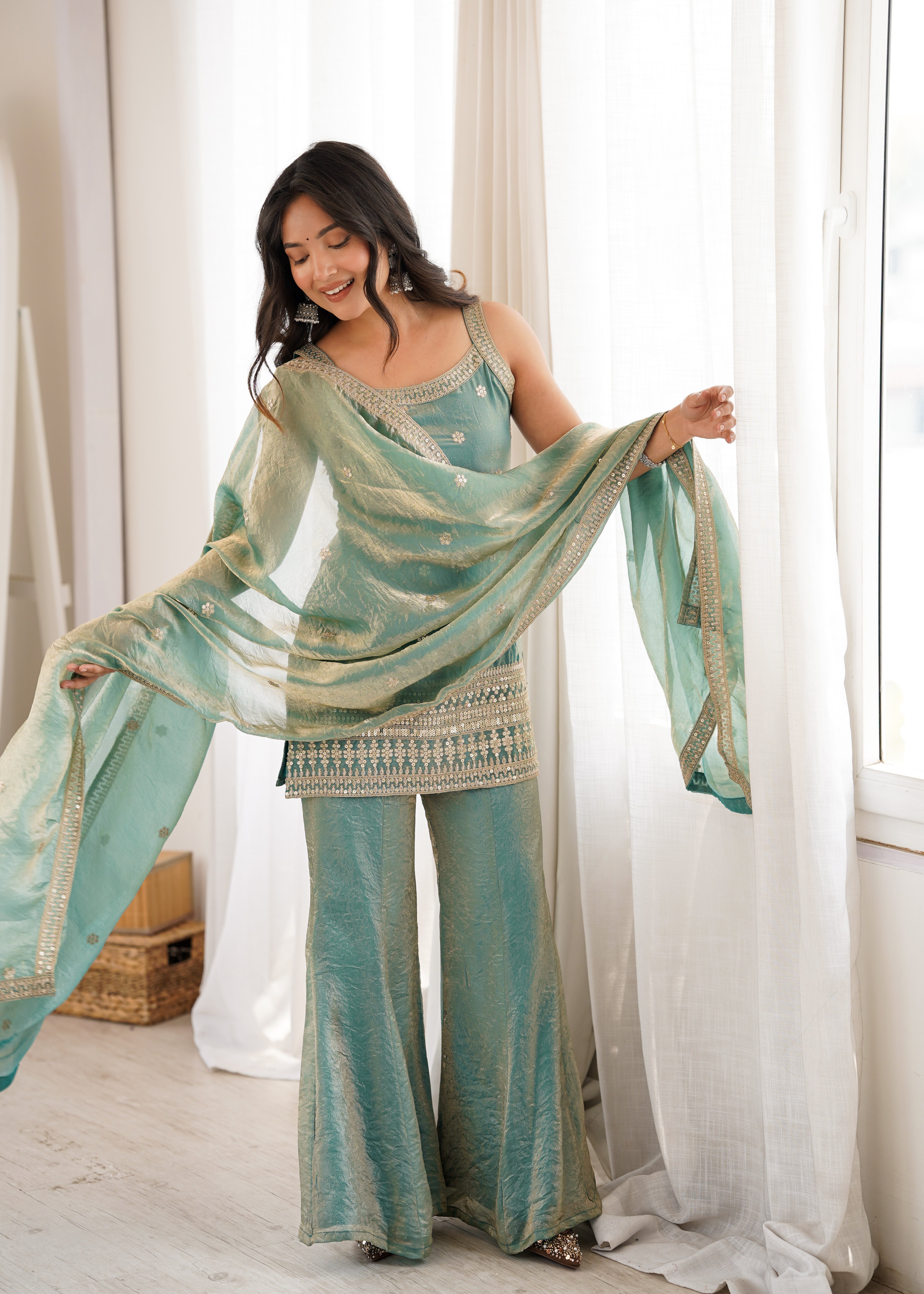 Women's Trendy Silk Kurta Bell Bottom Pant Dupatta Set with Embroidery Sequence, Dori and Zari Work