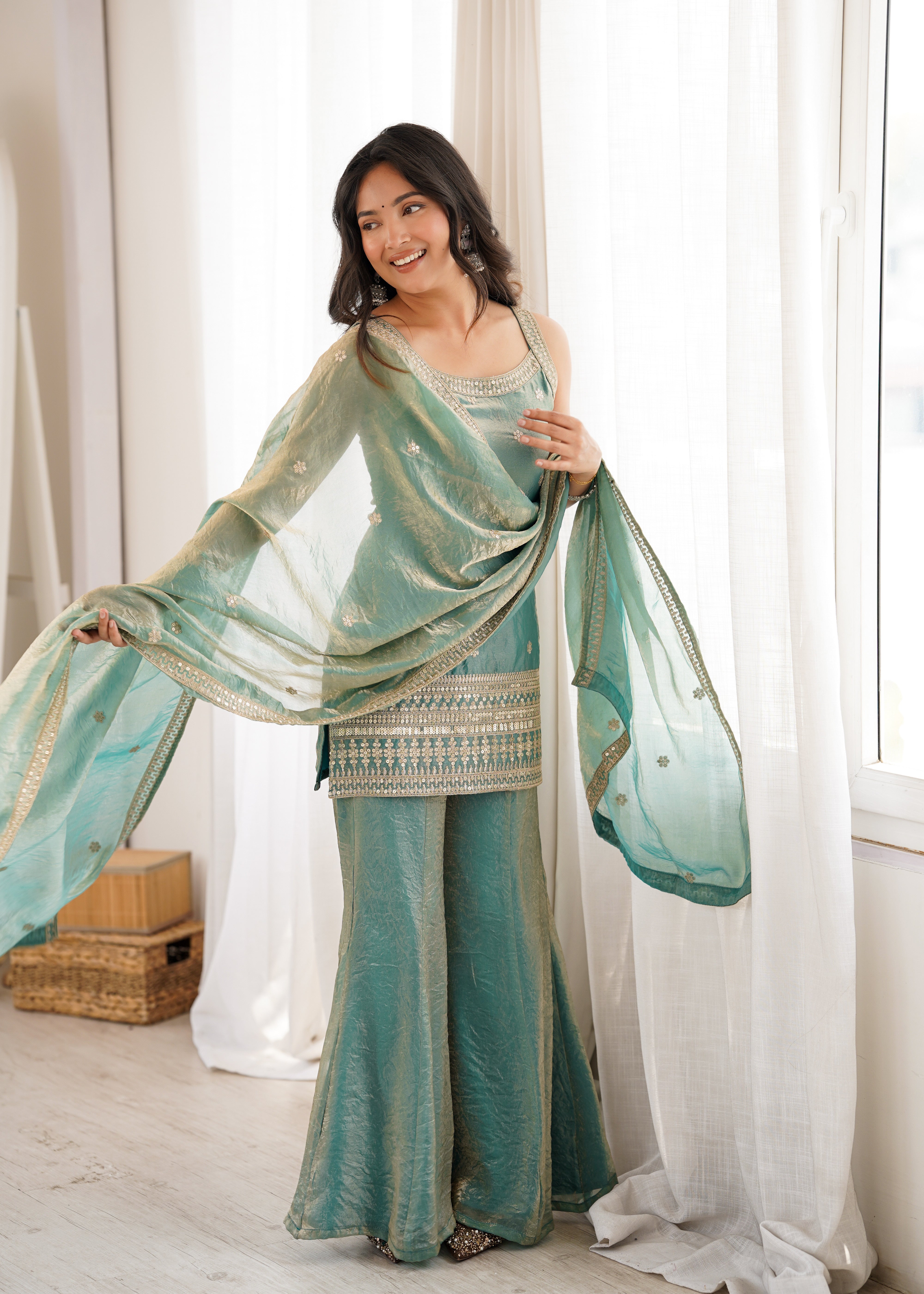 Women's Trendy Silk Kurta Bell Bottom Pant Dupatta Set with Embroidery Sequence, Dori and Zari Work