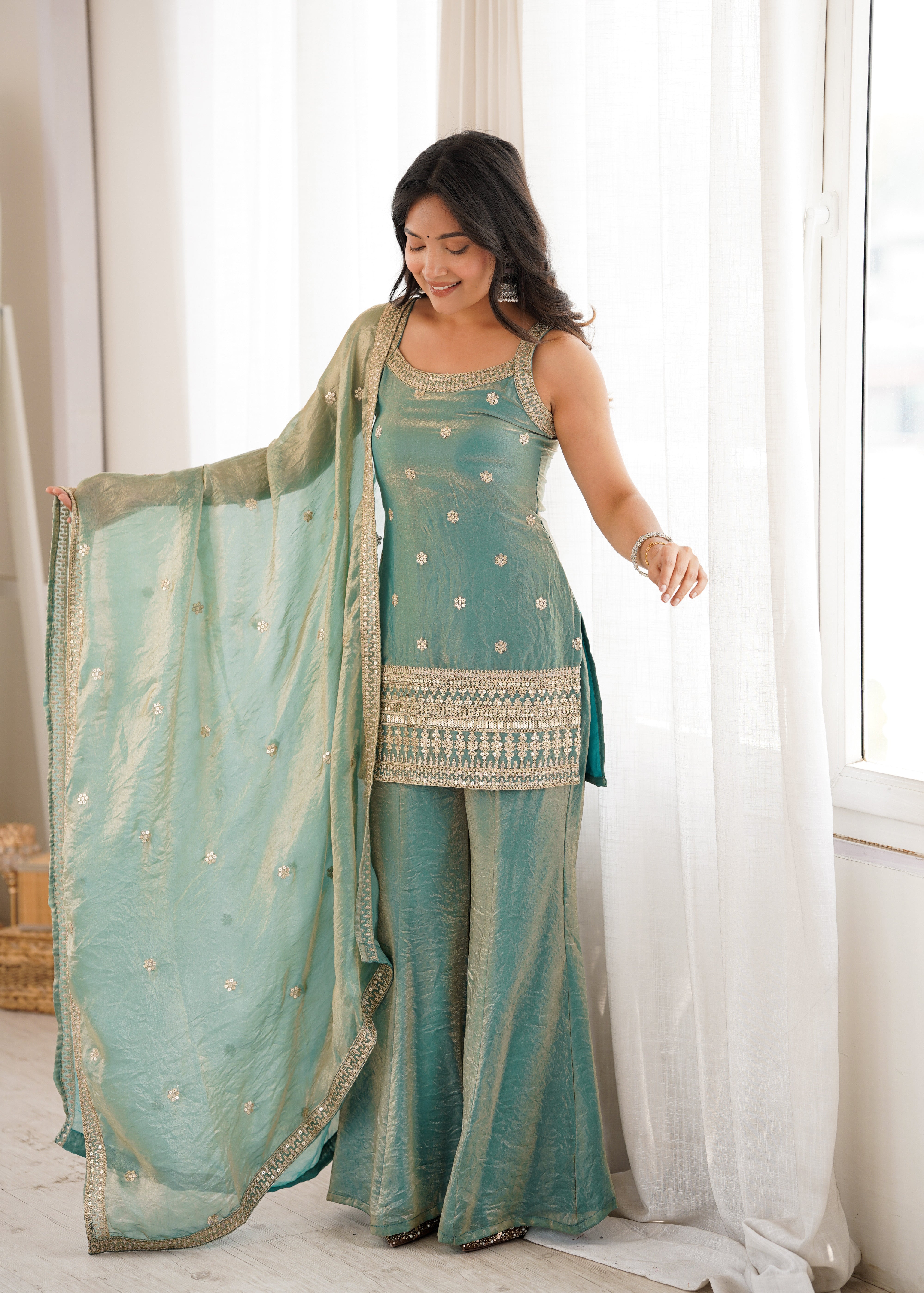 Women's Trendy Silk Kurta Bell Bottom Pant Dupatta Set with Embroidery Sequence, Dori and Zari Work