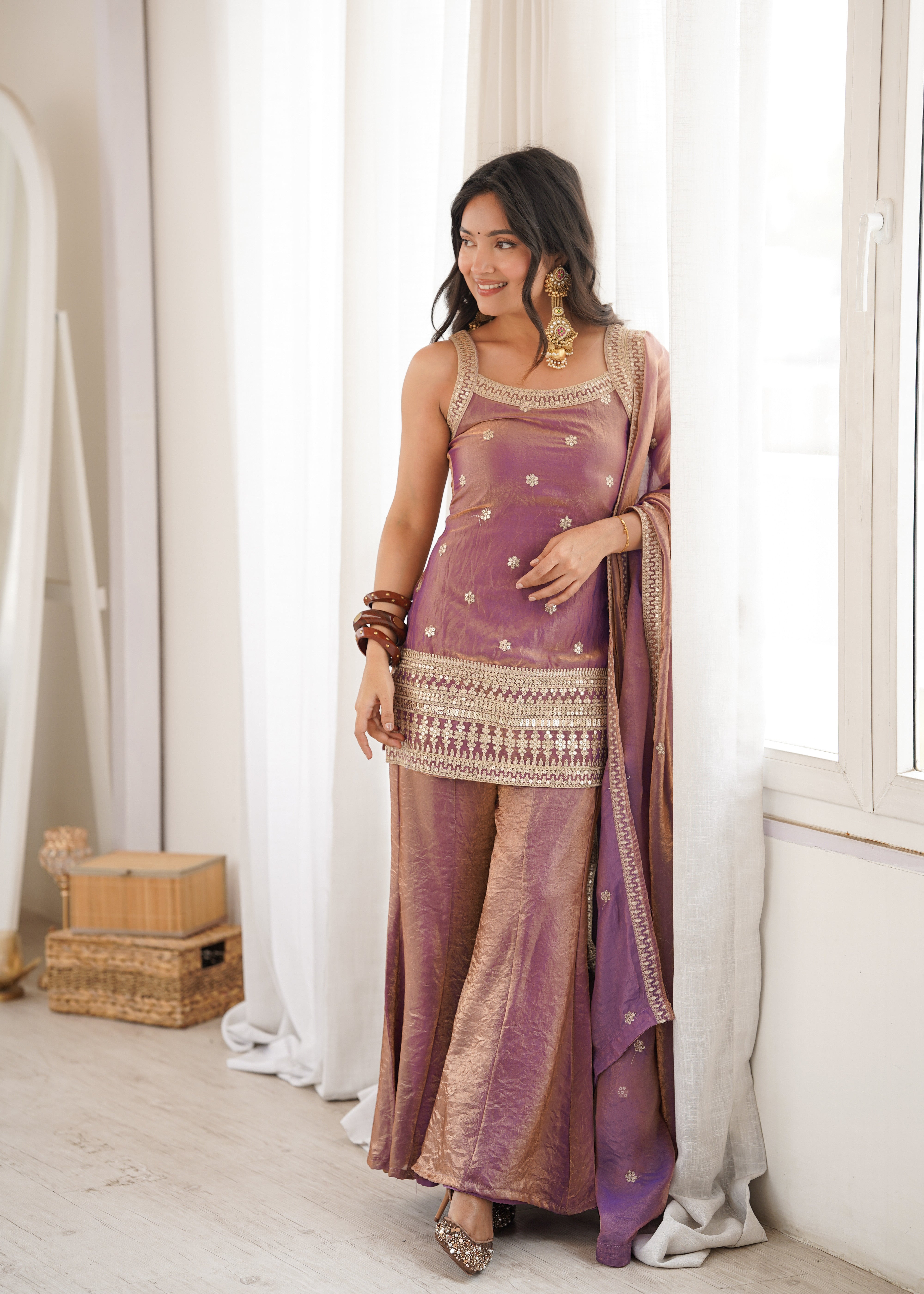 Women's Trendy Silk Kurta Bell Bottom Pant Dupatta Set with Embroidery Sequence, Dori and Zari Work