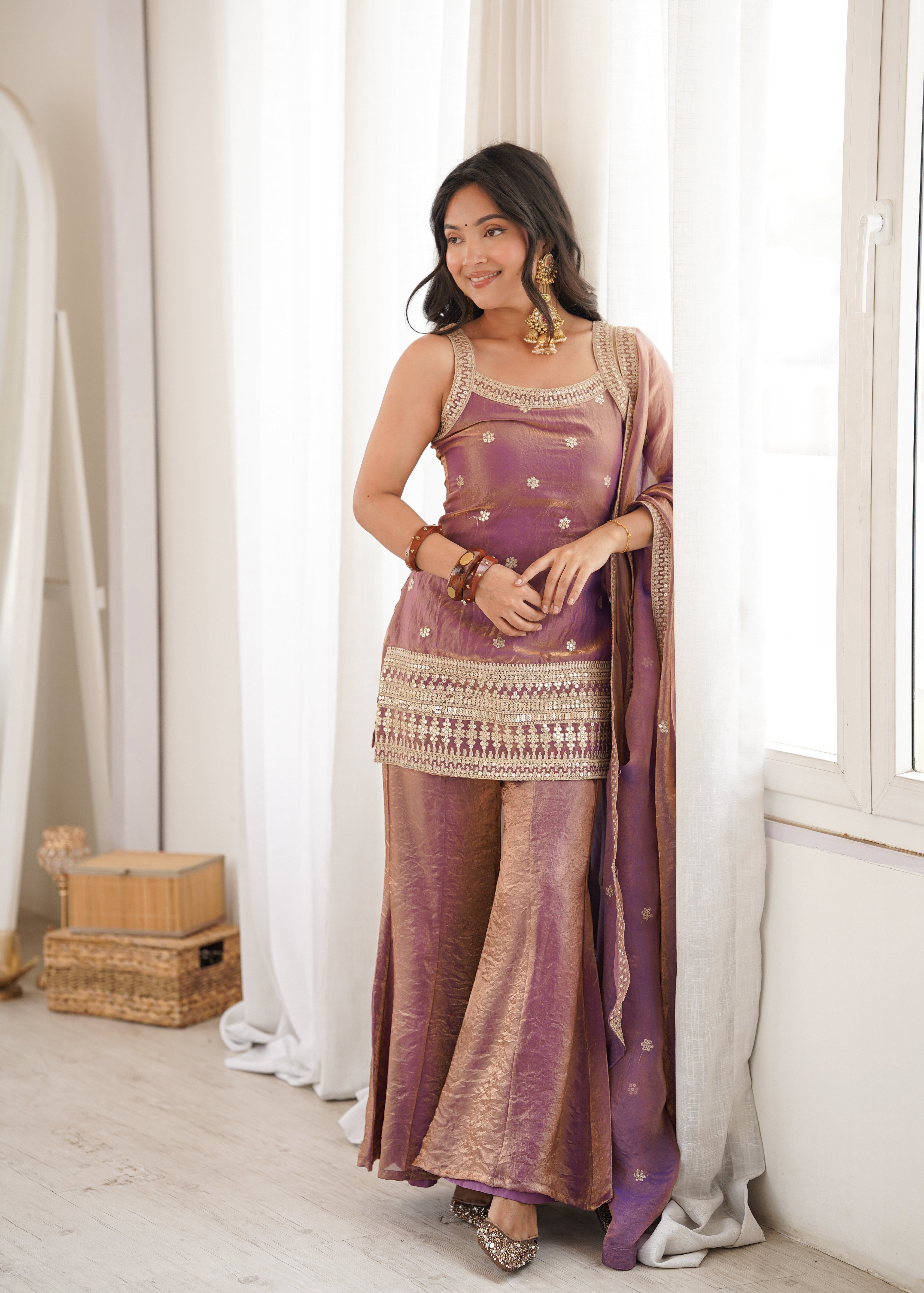 Women's Trendy Silk Kurta Bell Bottom Pant Dupatta Set with Embroidery Sequence, Dori and Zari Work
