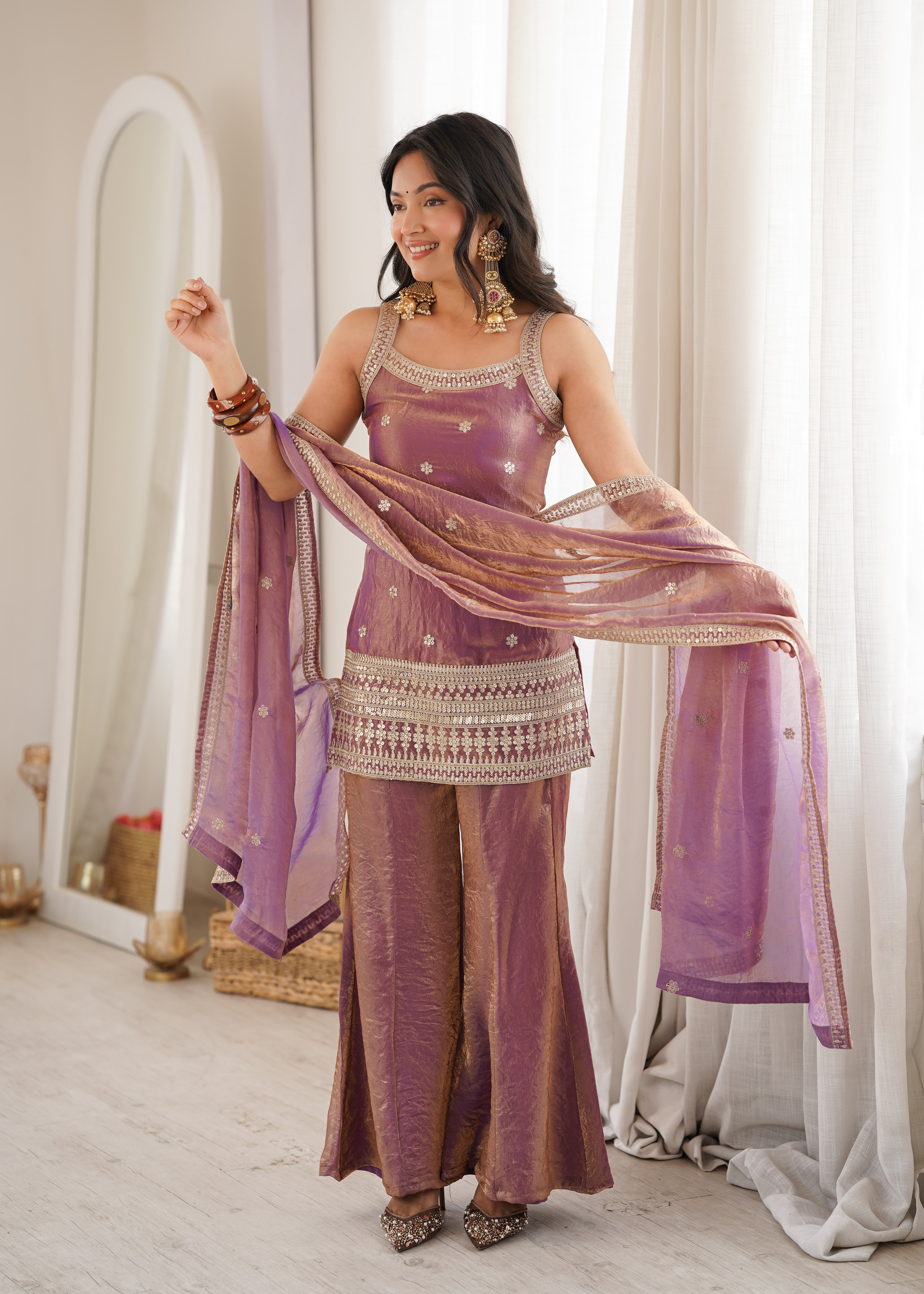Women's Trendy Silk Kurta Bell Bottom Pant Dupatta Set with Embroidery Sequence, Dori and Zari Work