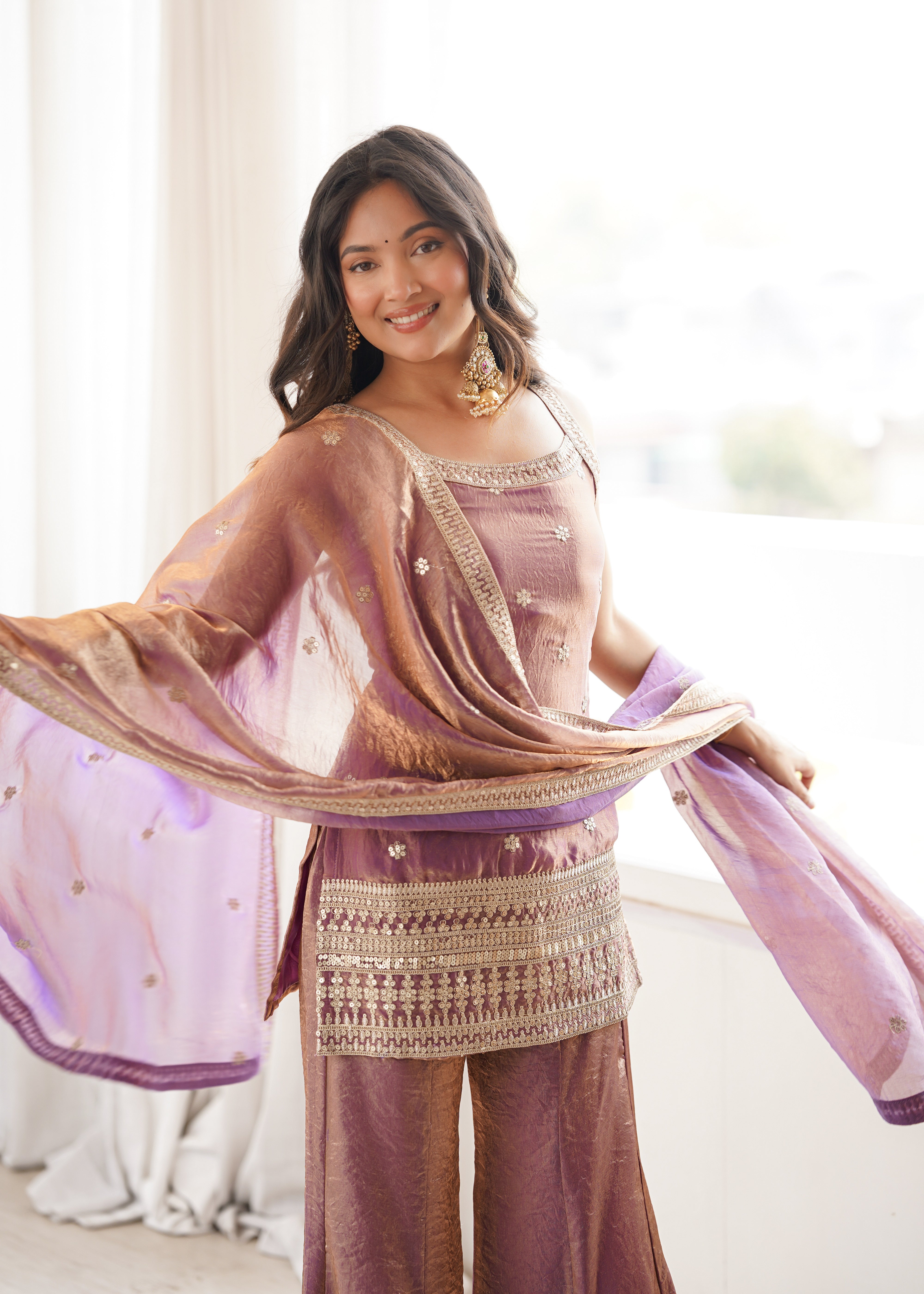 Women's Trendy Silk Kurta Bell Bottom Pant Dupatta Set with Embroidery Sequence, Dori and Zari Work