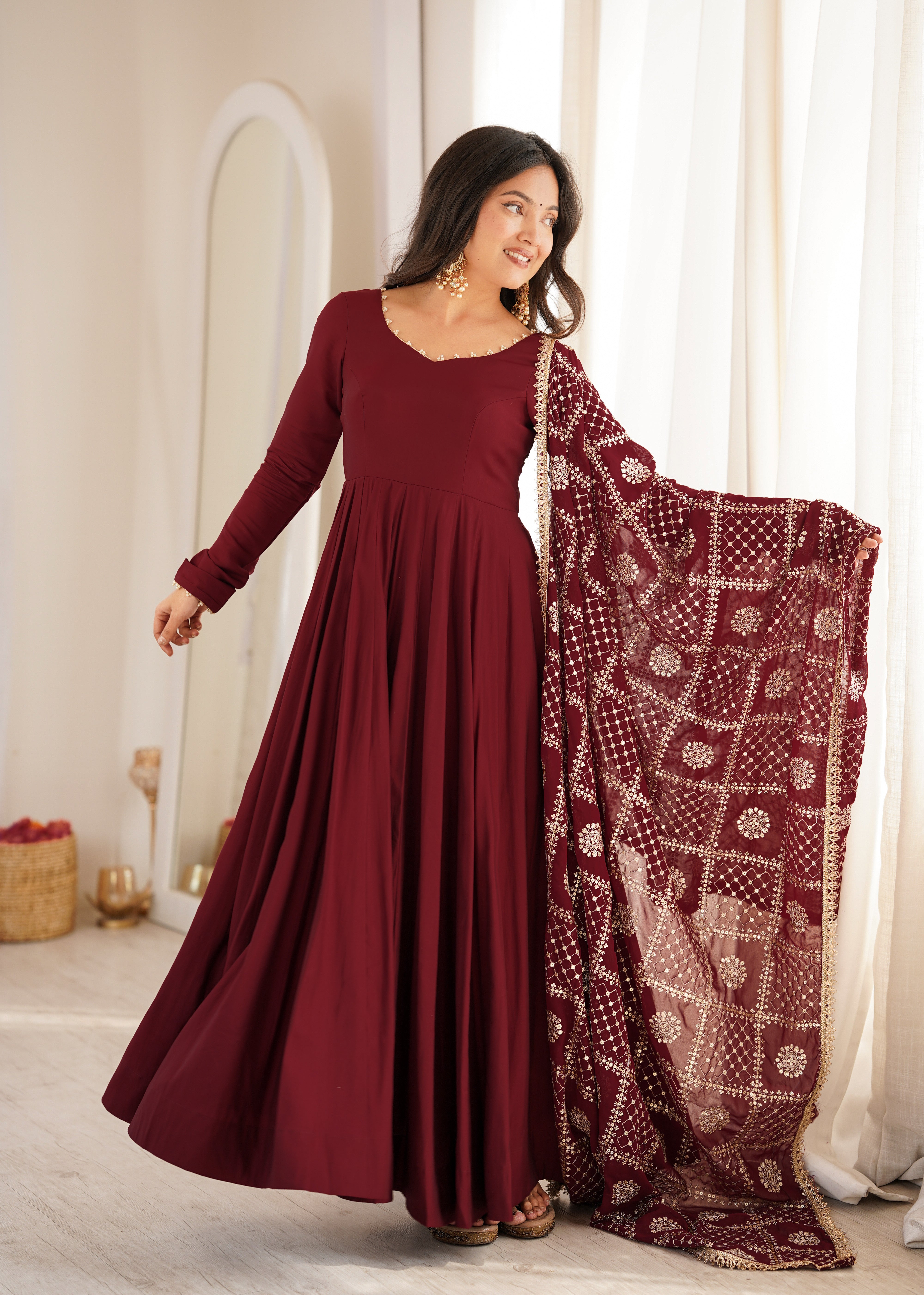 Women's Pure Roman Silk Chanderi Anarkali Suit Set with Pant & Faux Georgette Embroidered Dupatta