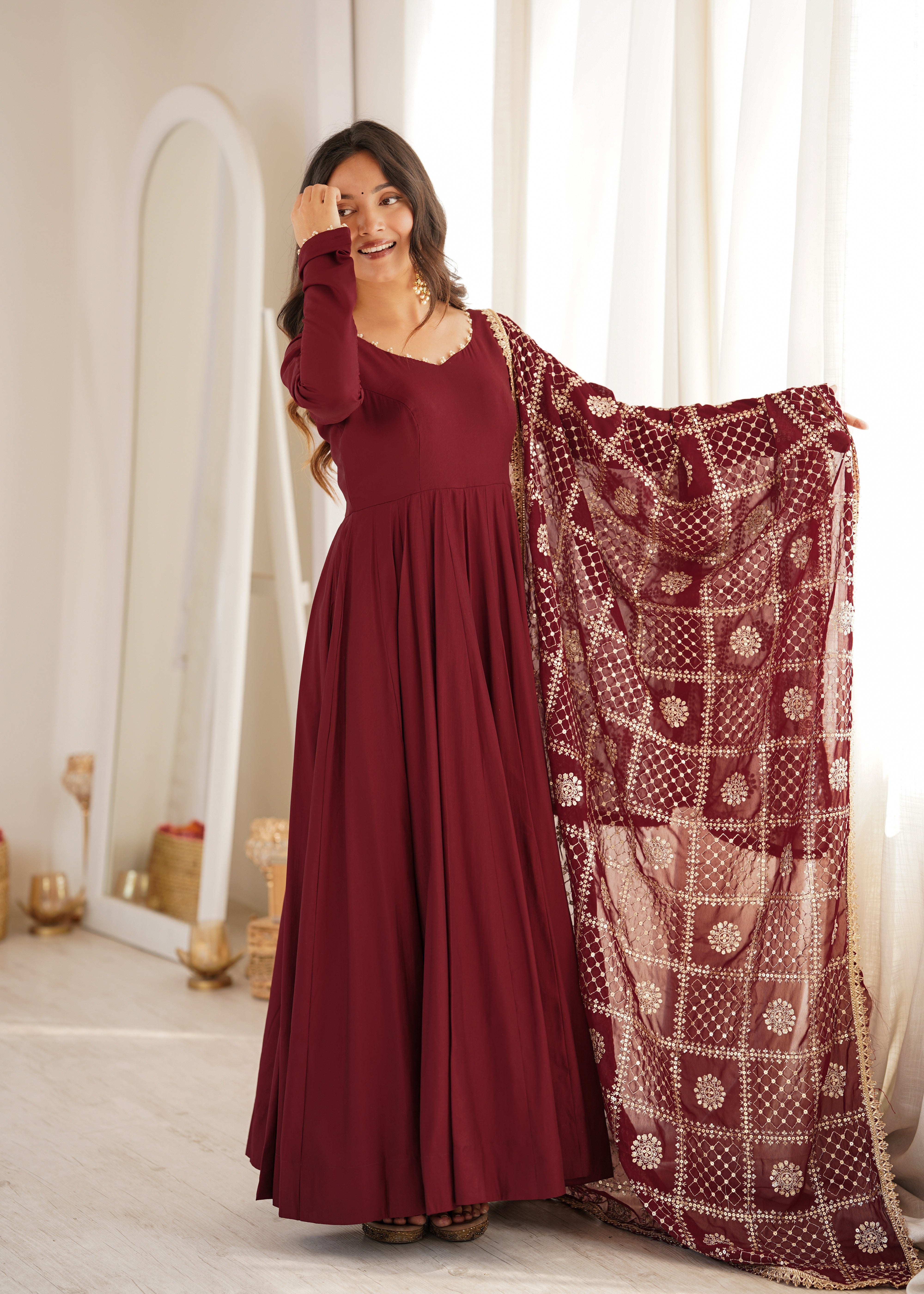 Women's Pure Roman Silk Chanderi Anarkali Suit Set with Pant & Faux Georgette Embroidered Dupatta