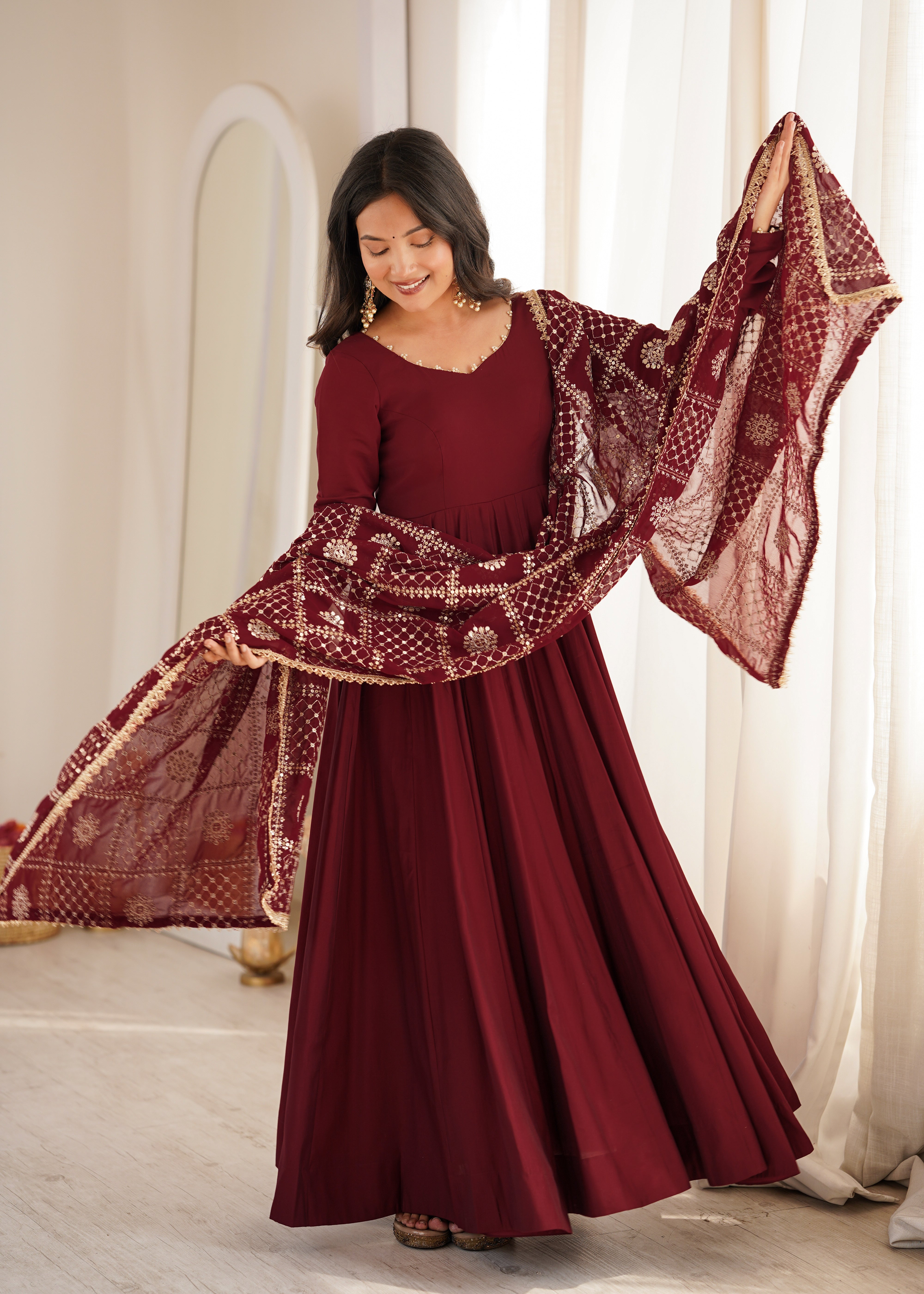 Women's Pure Roman Silk Chanderi Anarkali Suit Set with Pant & Faux Georgette Embroidered Dupatta