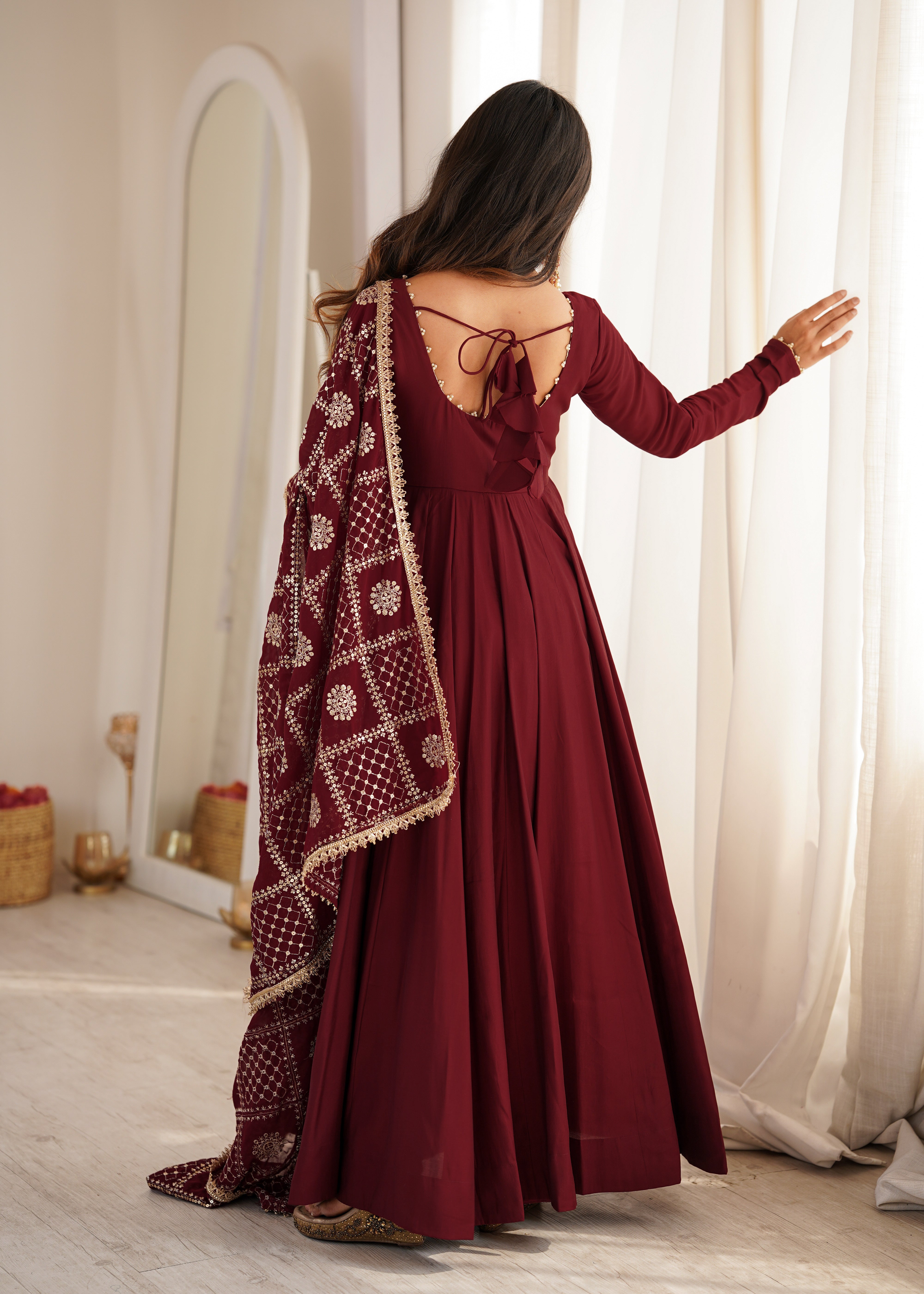 Women's Pure Roman Silk Chanderi Anarkali Suit Set with Pant & Faux Georgette Embroidered Dupatta