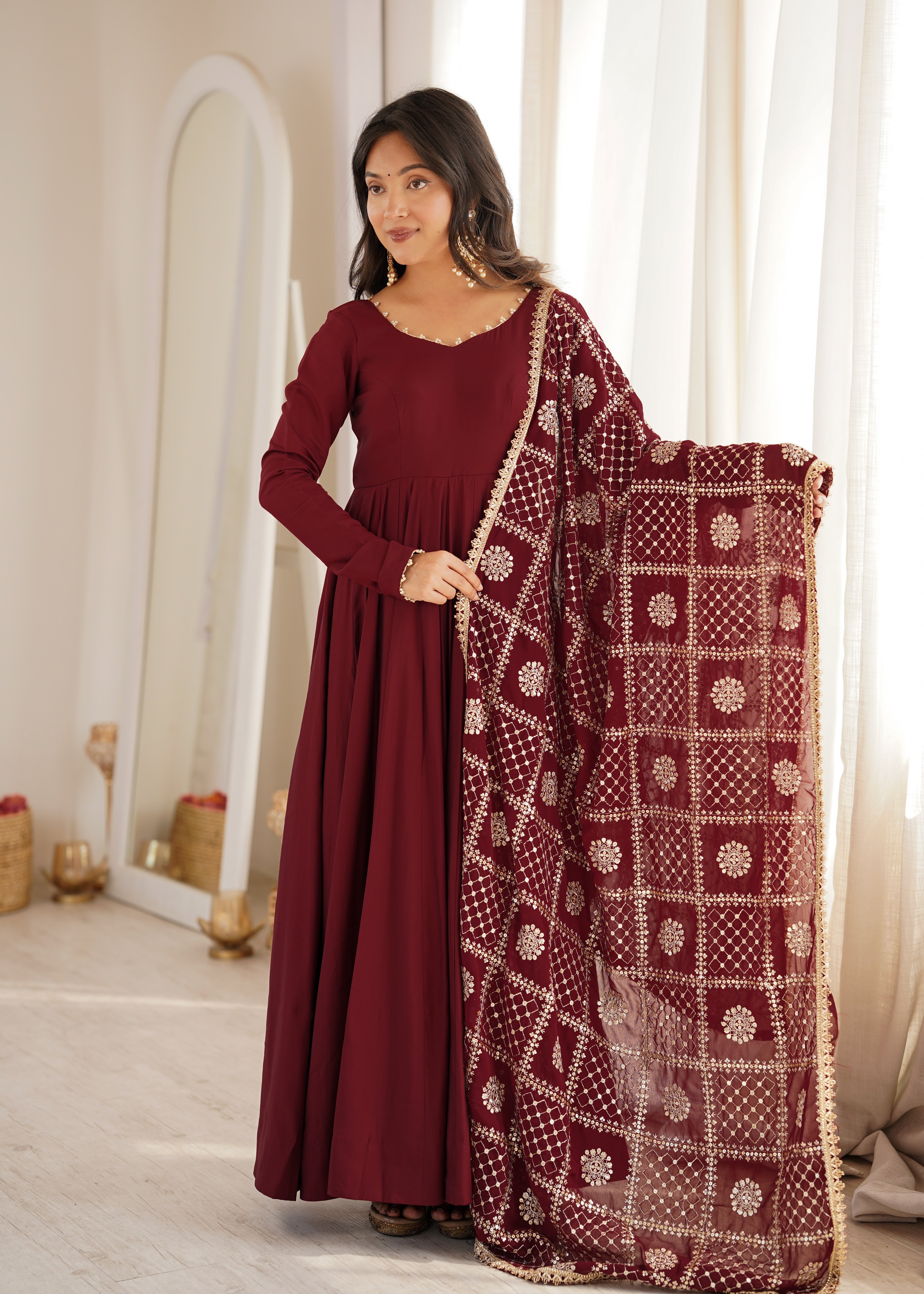 Women's Pure Roman Silk Chanderi Anarkali Suit Set with Pant & Faux Georgette Embroidered Dupatta