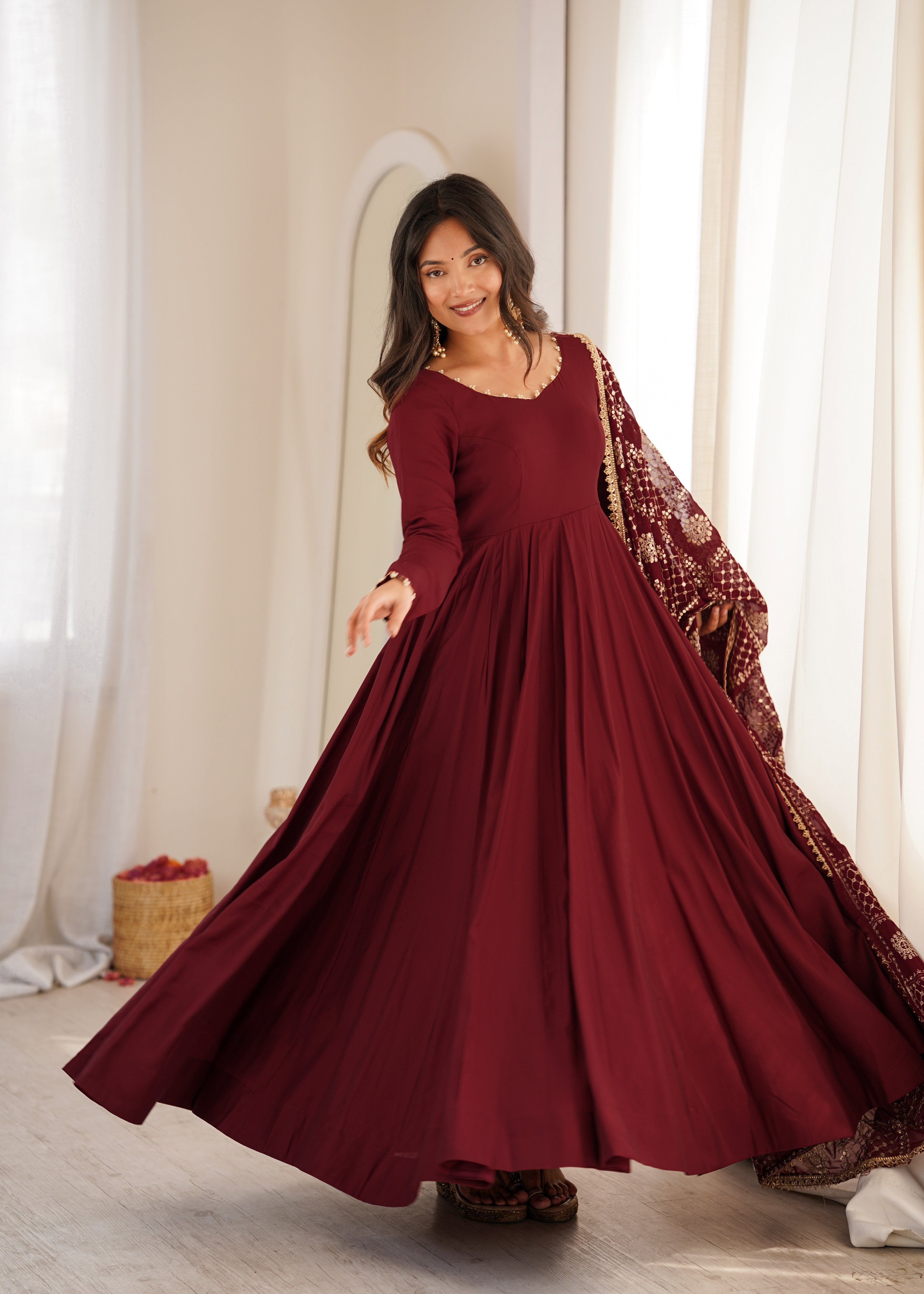 Women's Pure Roman Silk Chanderi Anarkali Suit Set with Pant & Faux Georgette Embroidered Dupatta