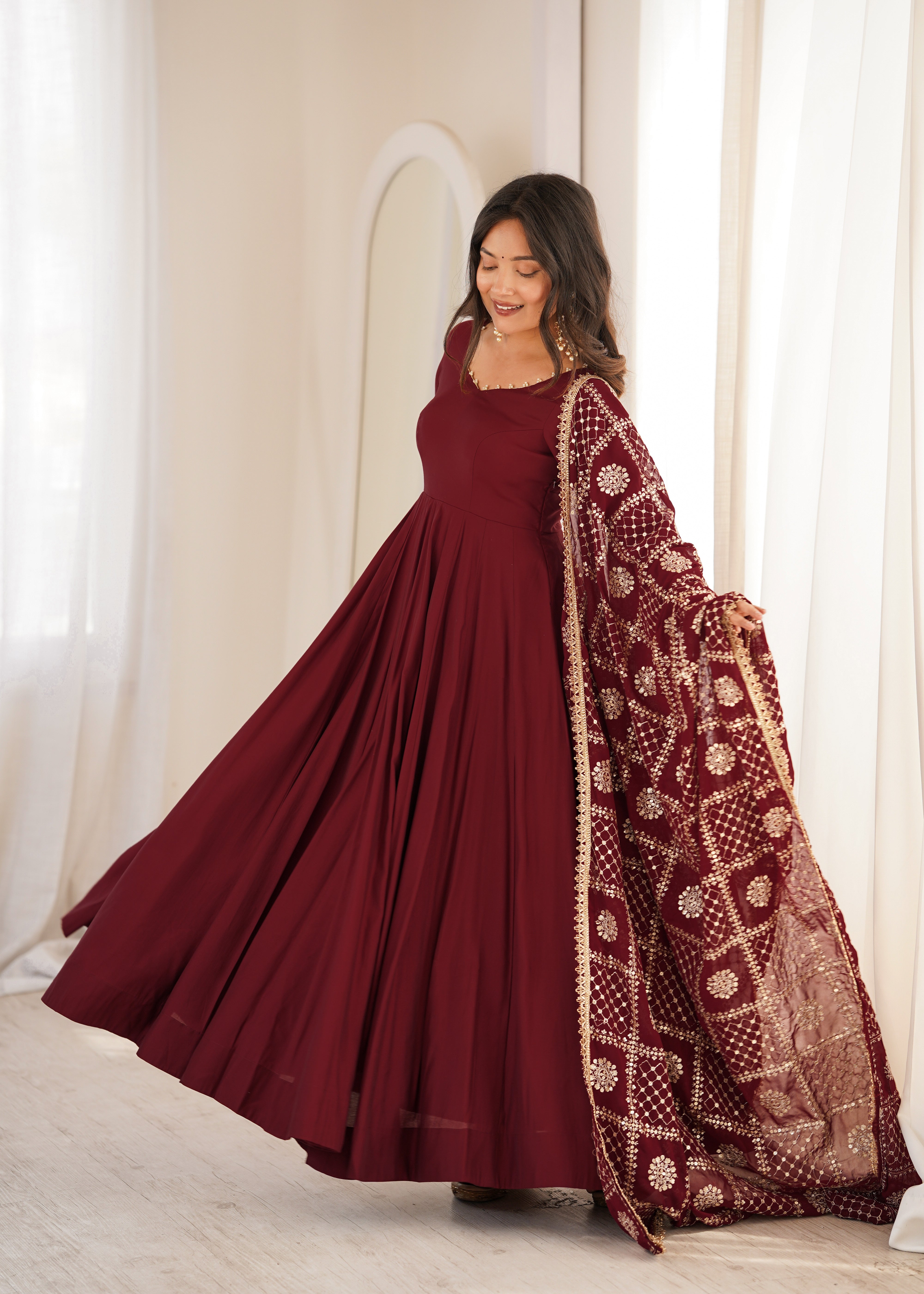 Women's Pure Roman Silk Chanderi Anarkali Suit Set with Pant & Faux Georgette Embroidered Dupatta