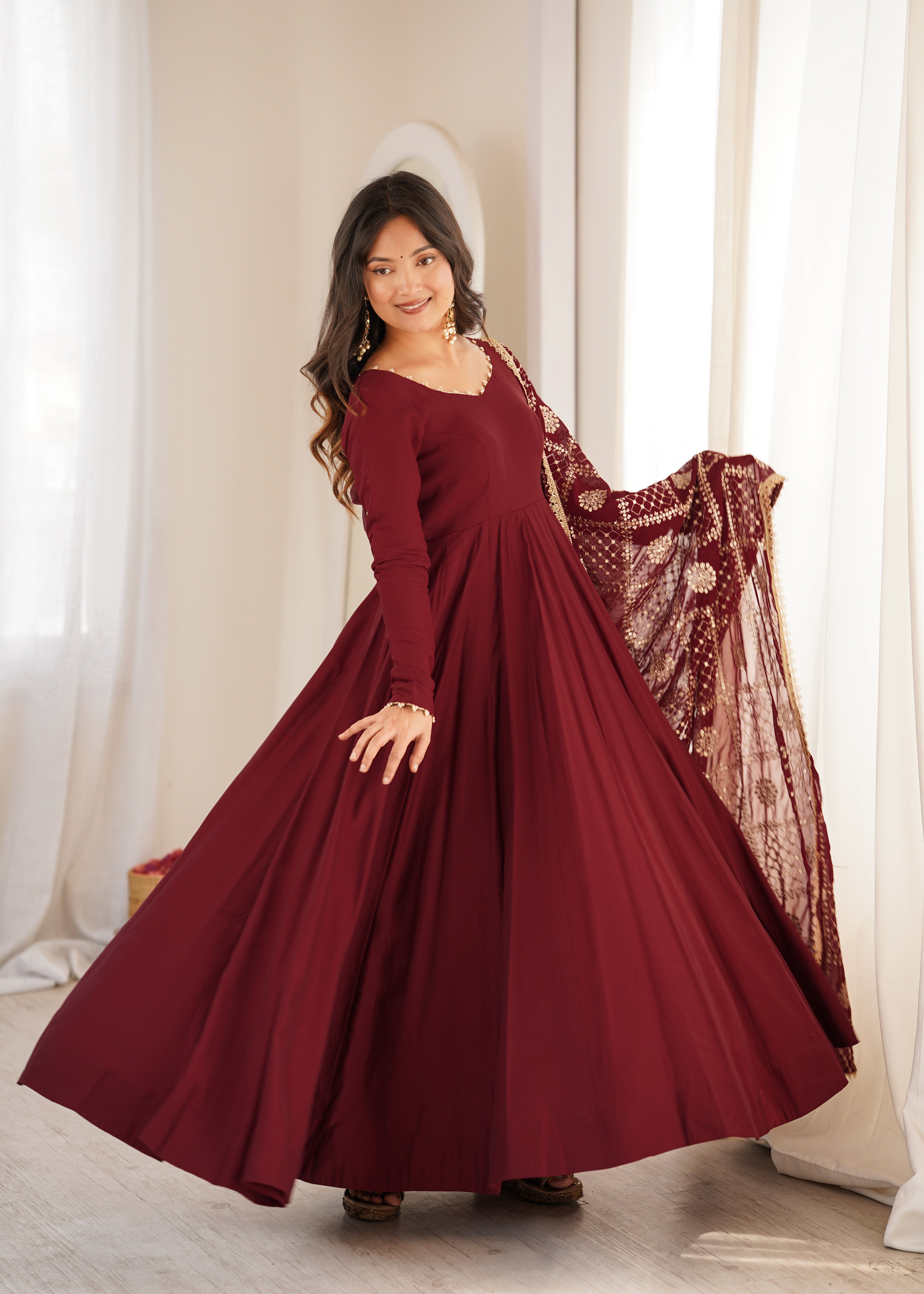 Women's Pure Roman Silk Chanderi Anarkali Suit Set with Pant & Faux Georgette Embroidered Dupatta