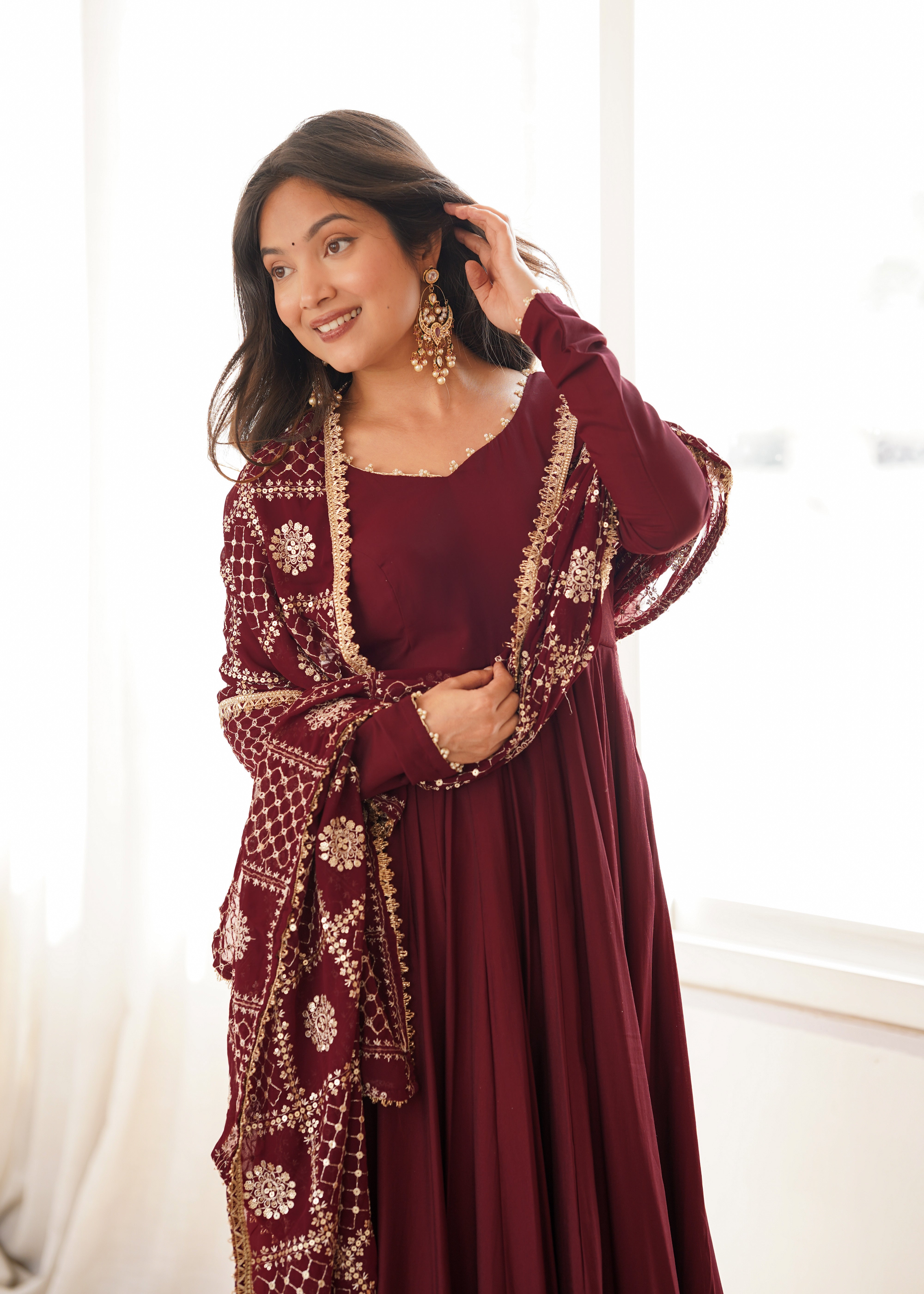 Women's Pure Roman Silk Chanderi Anarkali Suit Set with Pant & Faux Georgette Embroidered Dupatta