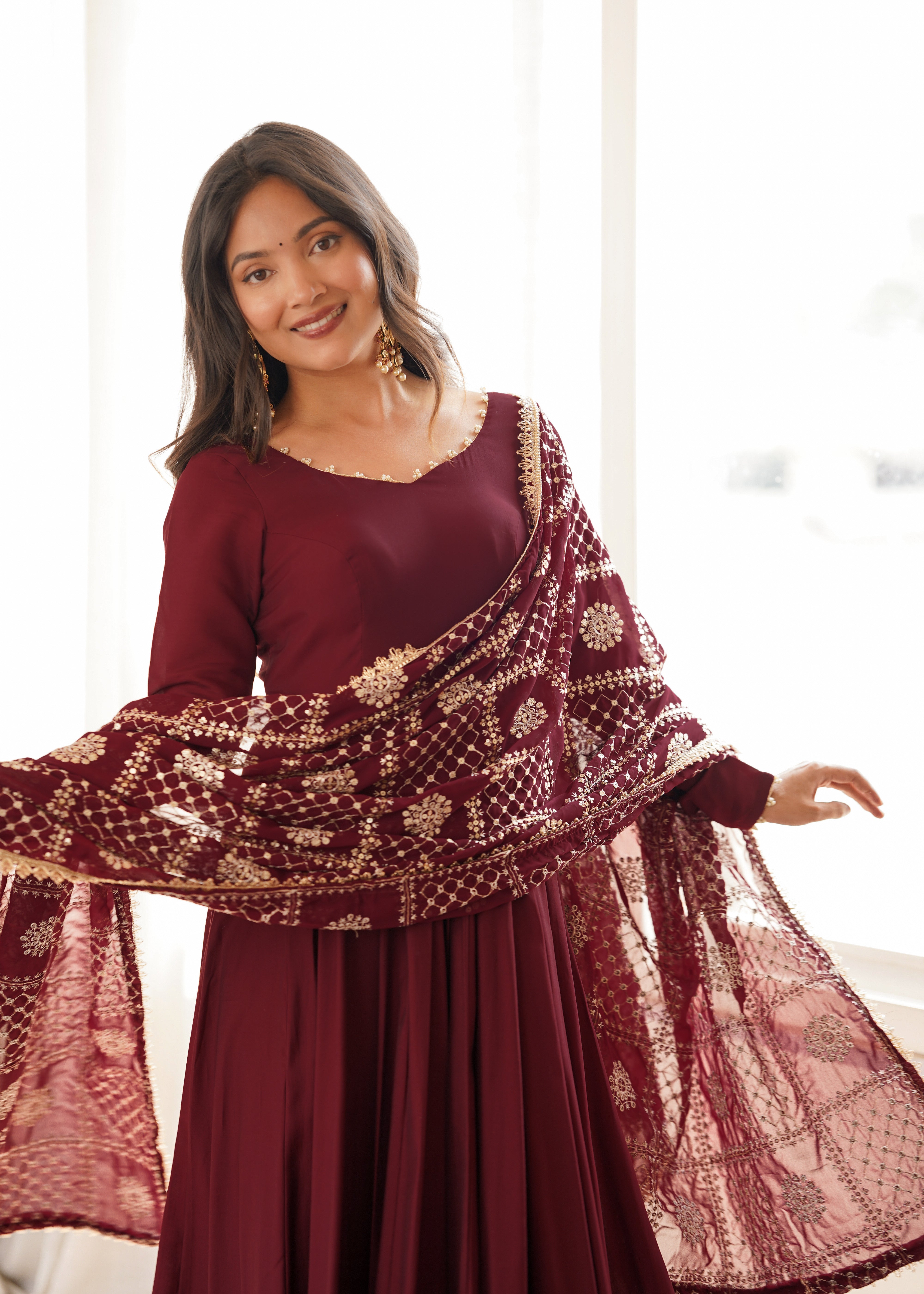 Women's Pure Roman Silk Chanderi Anarkali Suit Set with Pant & Faux Georgette Embroidered Dupatta