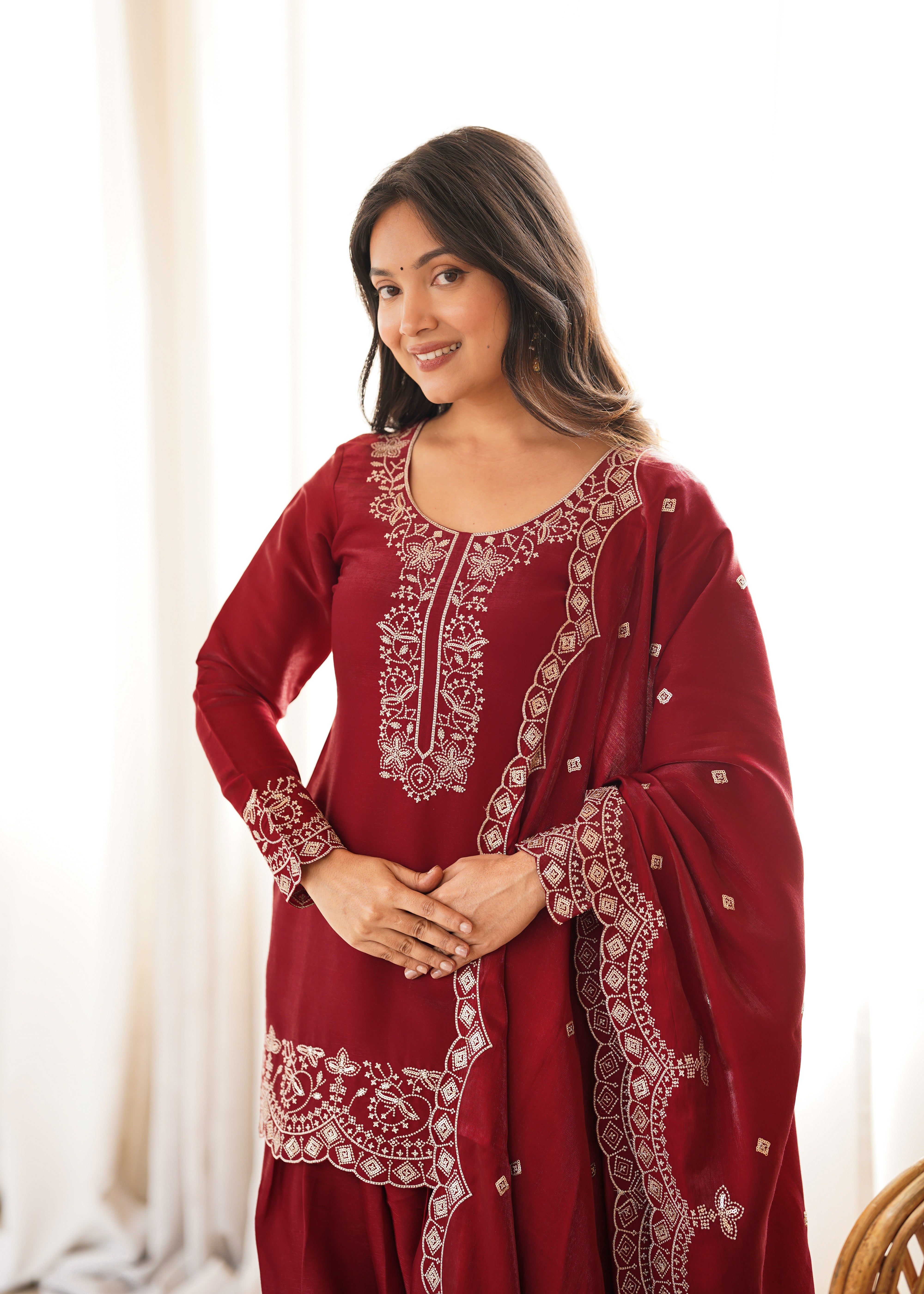 Glass Roman Silk Embroidered Kurta Set with Farshi Shalwar and Dupatta
