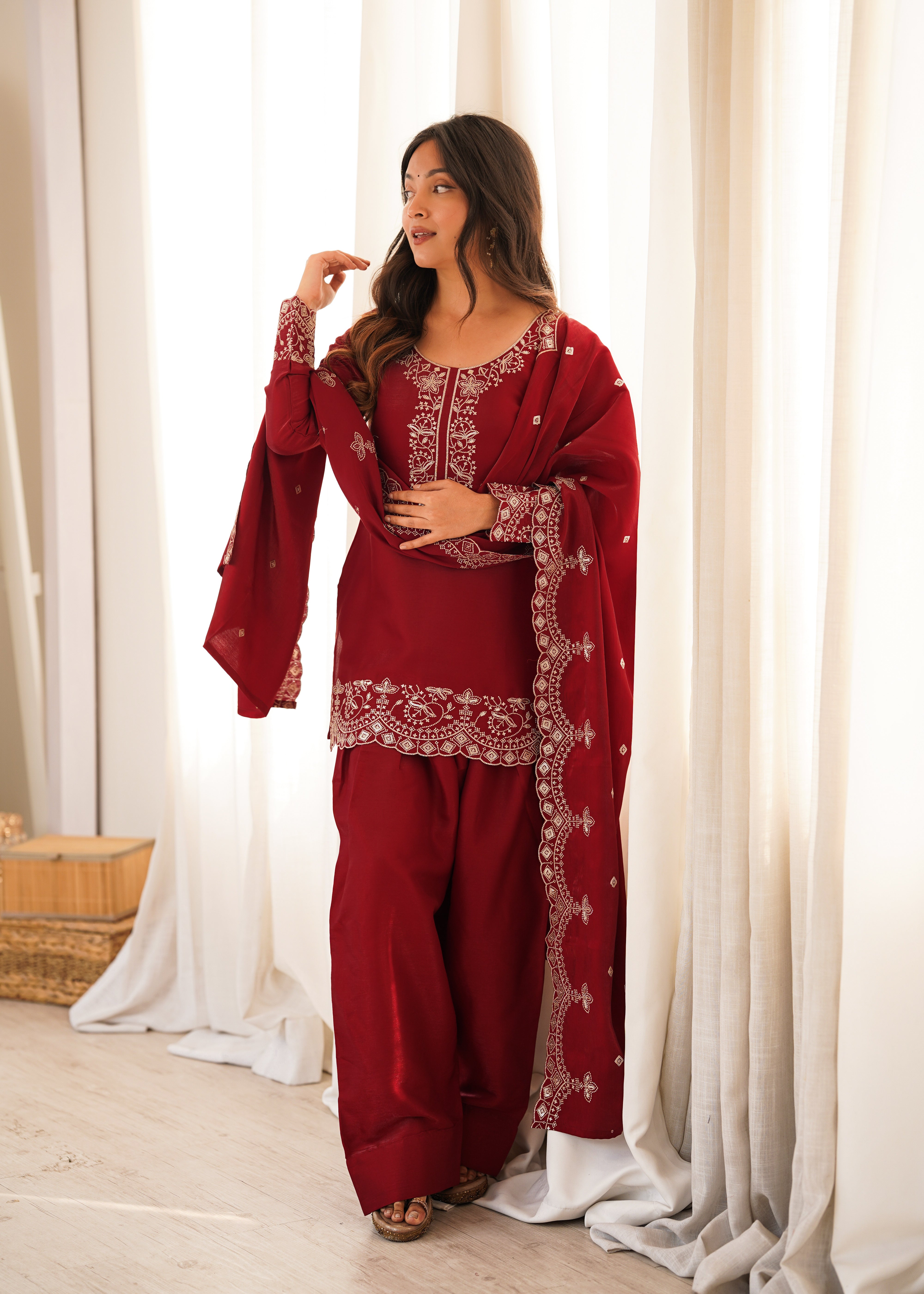 Glass Roman Silk Embroidered Kurta Set with Farshi Shalwar and Dupatta