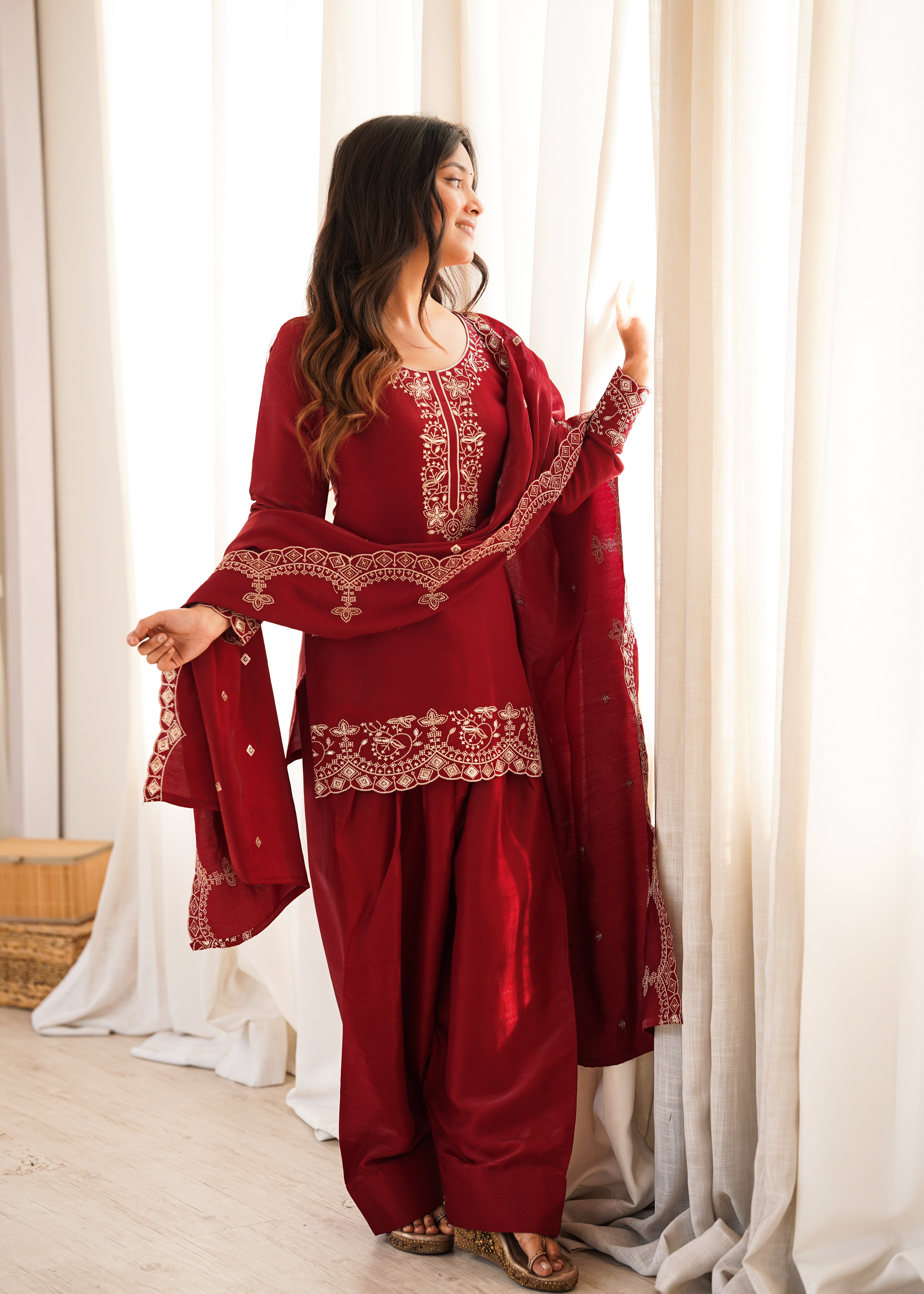 Glass Roman Silk Embroidered Kurta Set with Farshi Shalwar and Dupatta