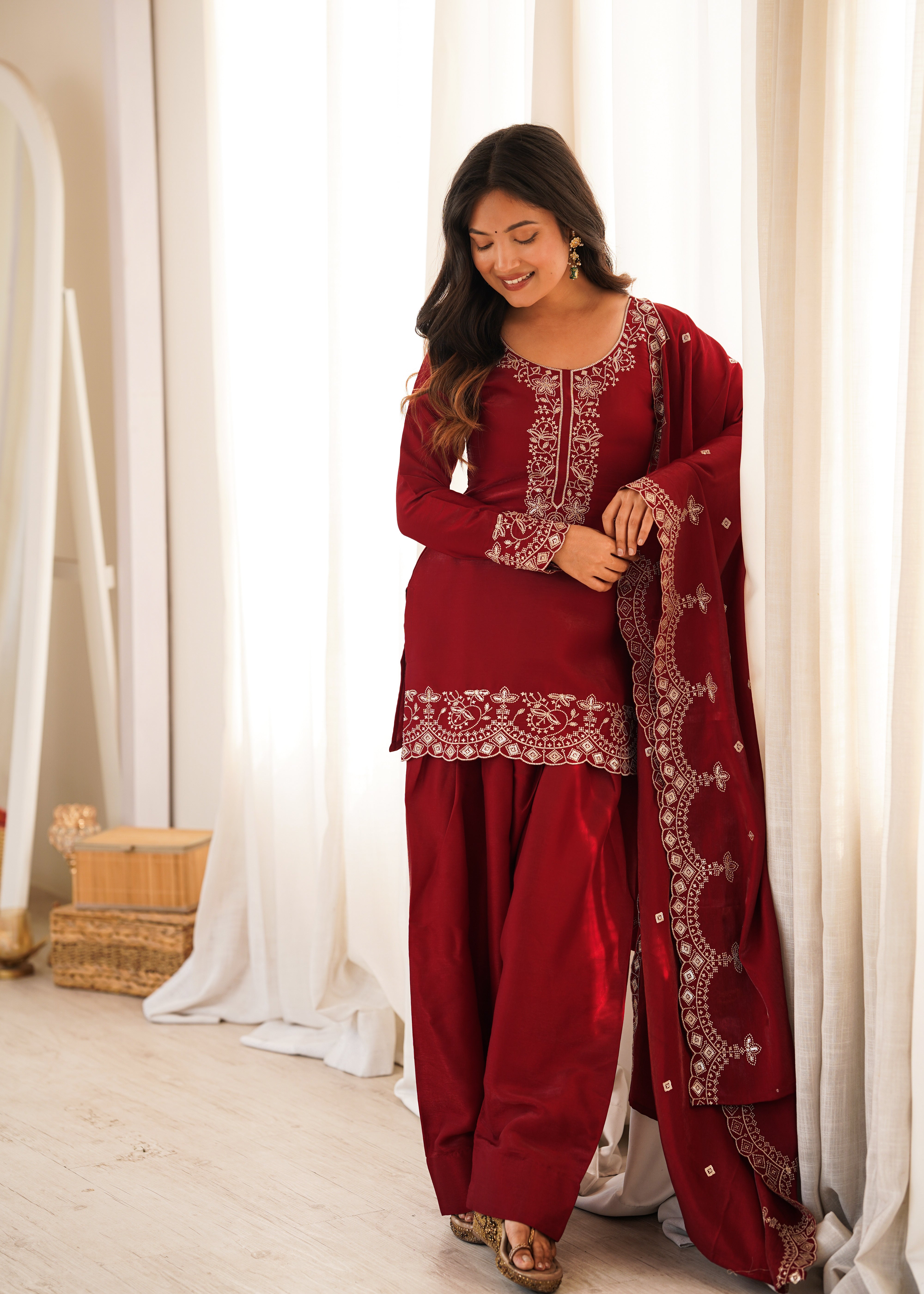 Glass Roman Silk Embroidered Kurta Set with Farshi Shalwar and Dupatta